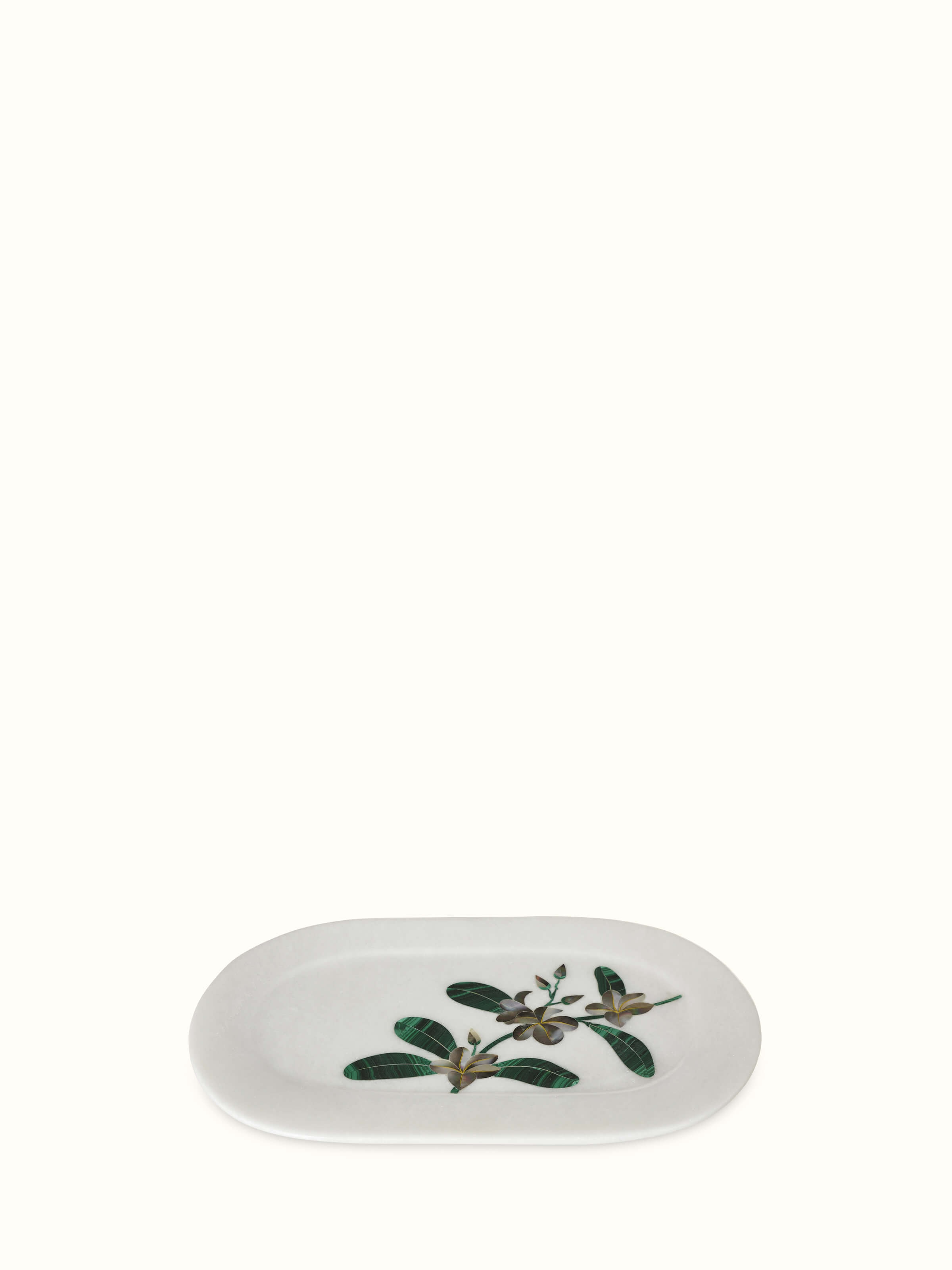 Front view of white pacchikari marble tray, highlighting the elegant design and marble finish.