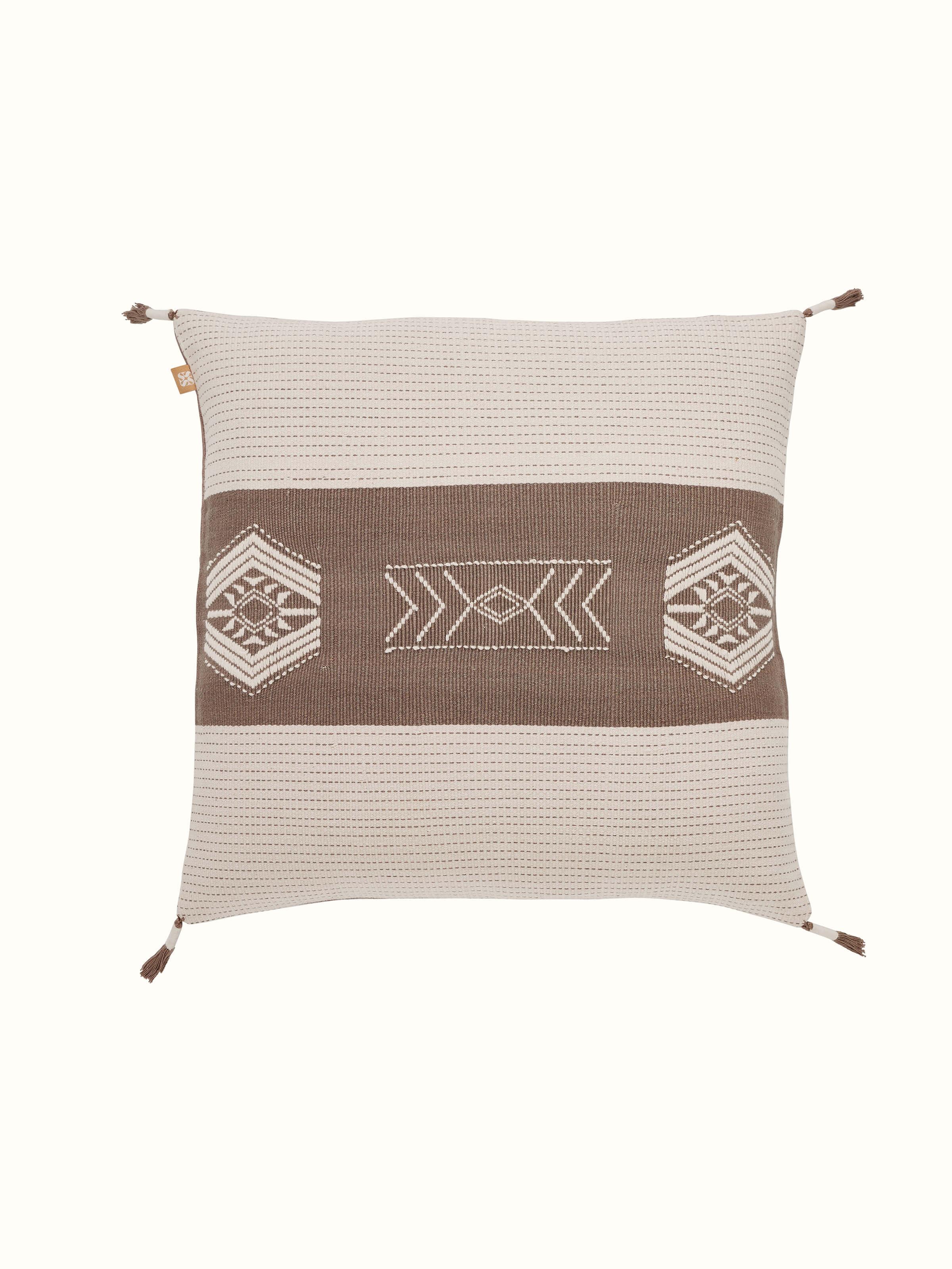 Front view of Ridhama khakhi barnava cotton Naga handloom cushion cover with handwoven texture