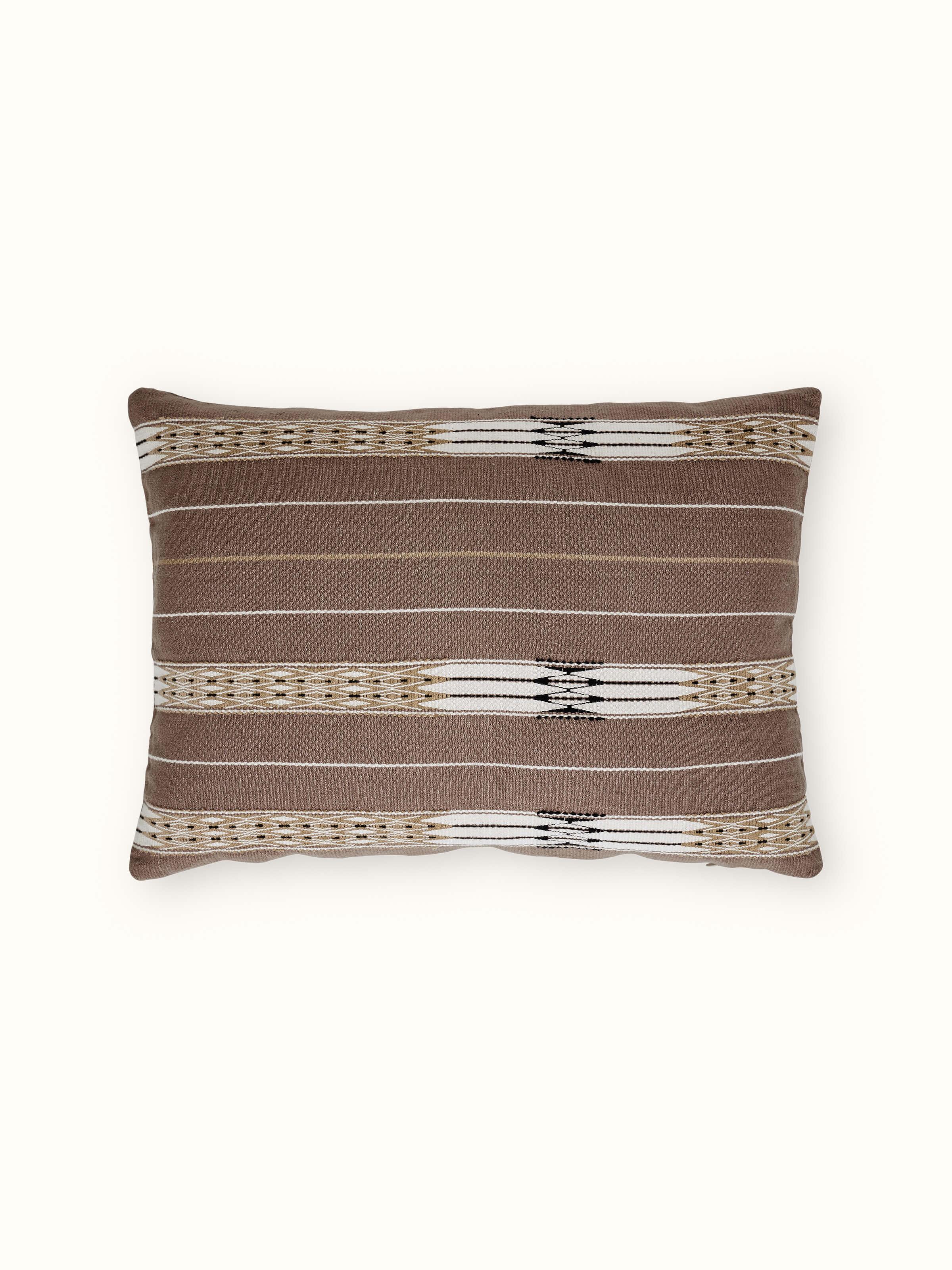 Front view of Ridhama khakhi jani cotton Naga handloom cushion cover featuring a rich khakhi color and handloom texture.