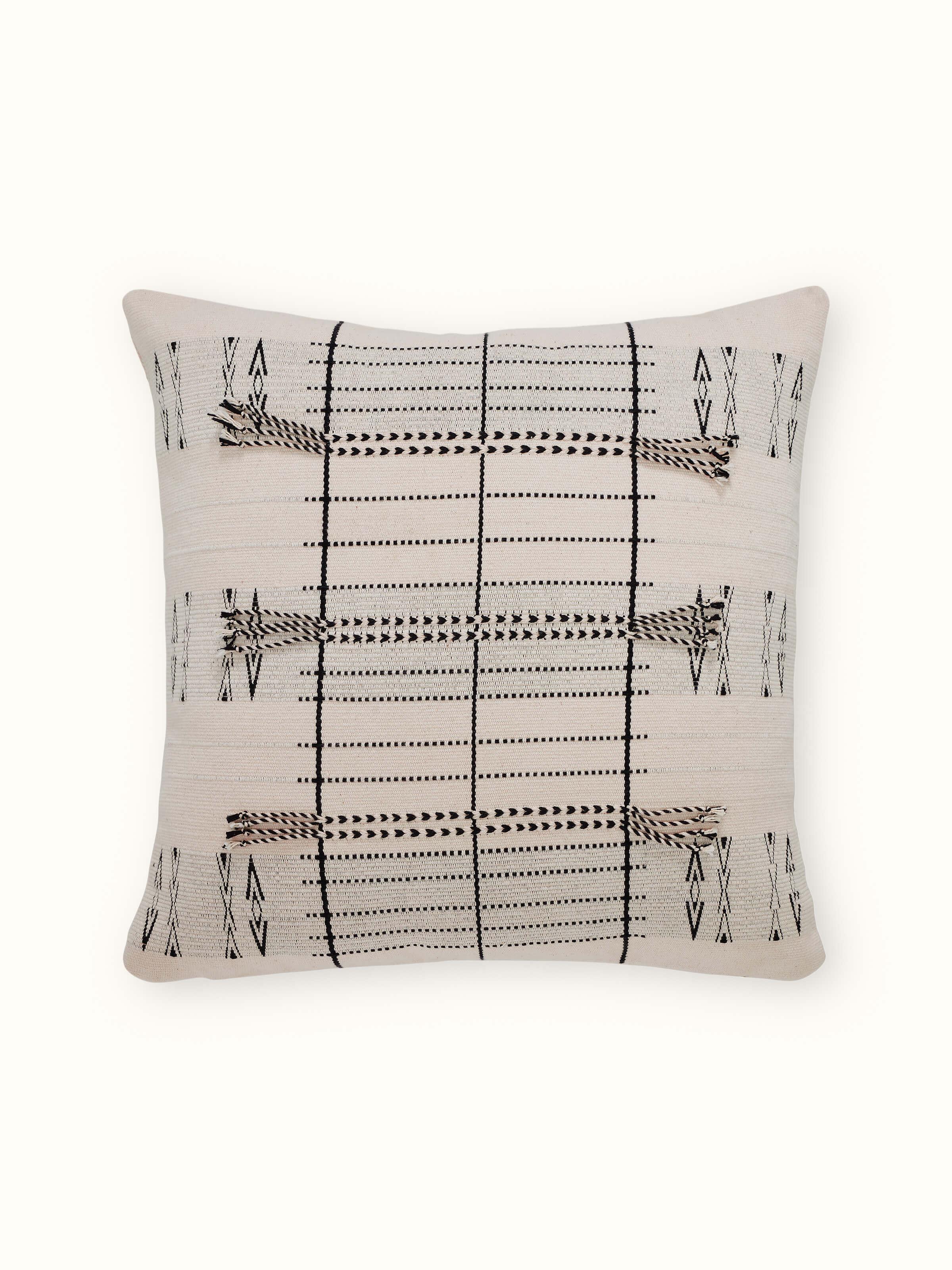 Full view of Ridhama White Lanka Cotton Naga Handloom Cushion Cover, showcasing the intricate handloom design and white cotton fabric.