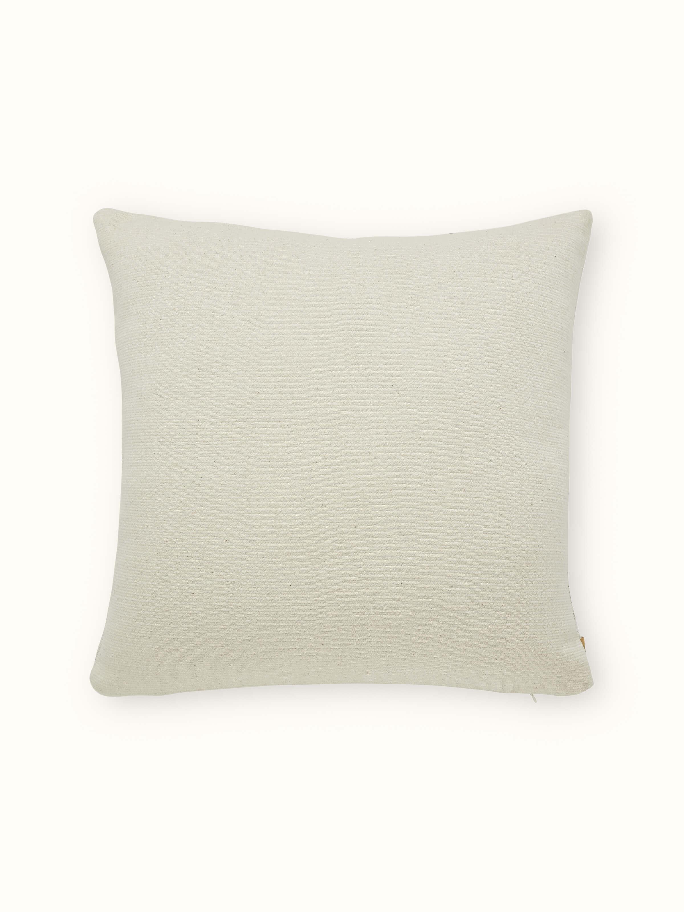 Close-up of Ridhama White Lanka Cotton Naga Handloom Cushion Cover, showing the high-quality cotton and intricate Naga handloom pattern.