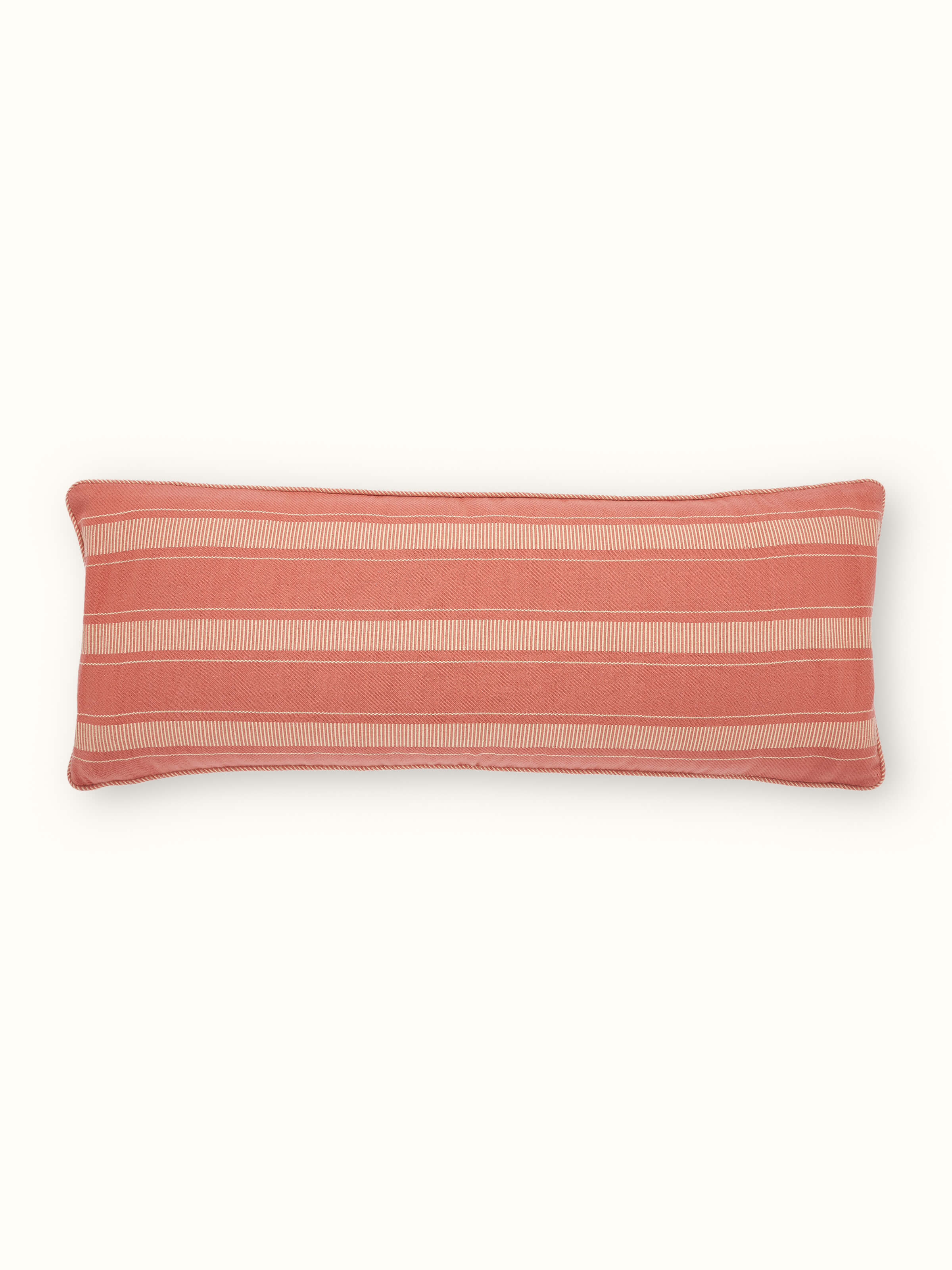 Full view of Godna peach stripe cotton handwoven pattu cushion cover showcasing the peach stripe pattern and handwoven texture.