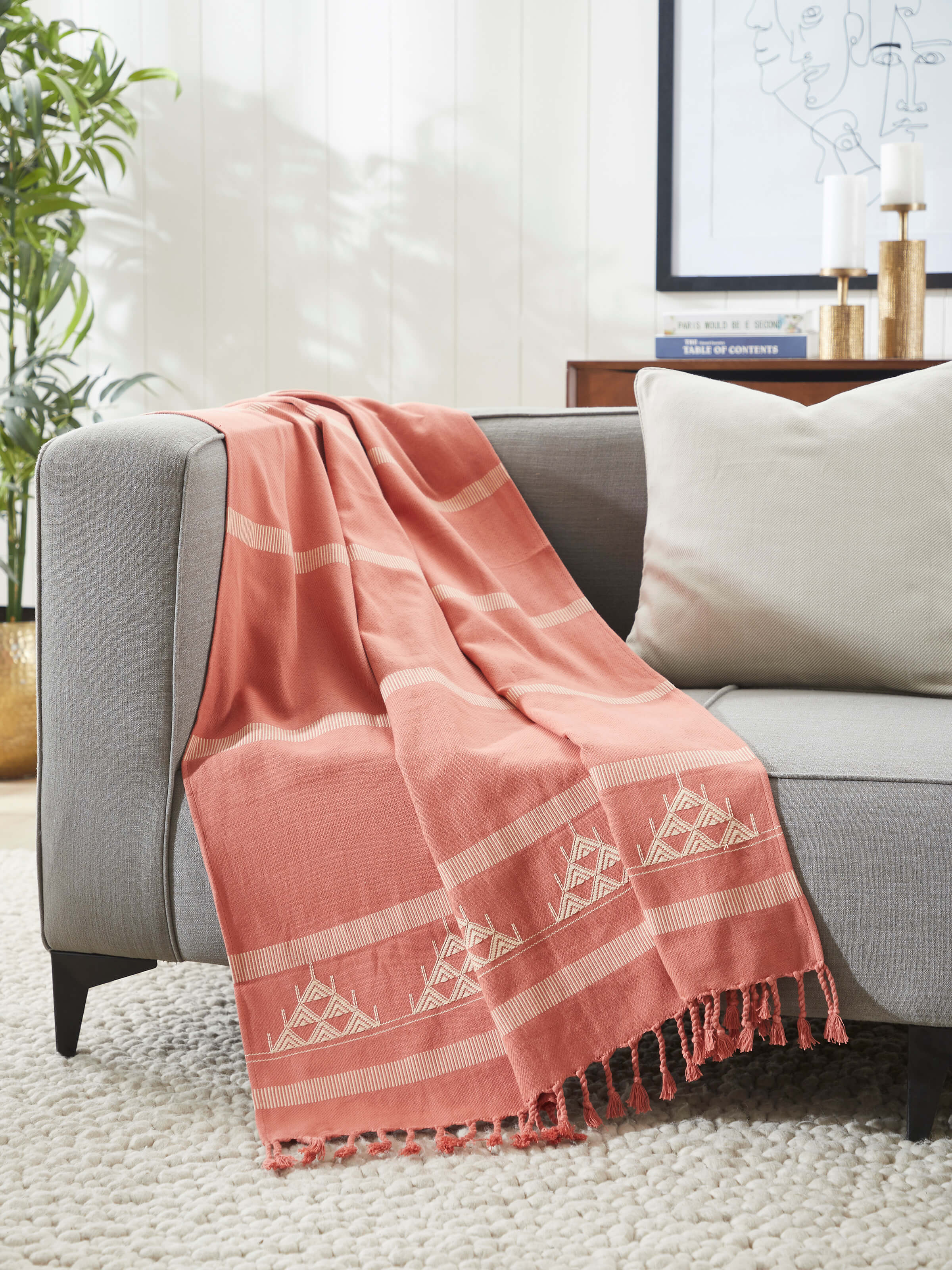 Cozy living space featuring soft peach Pattu throw draped on a sofa.