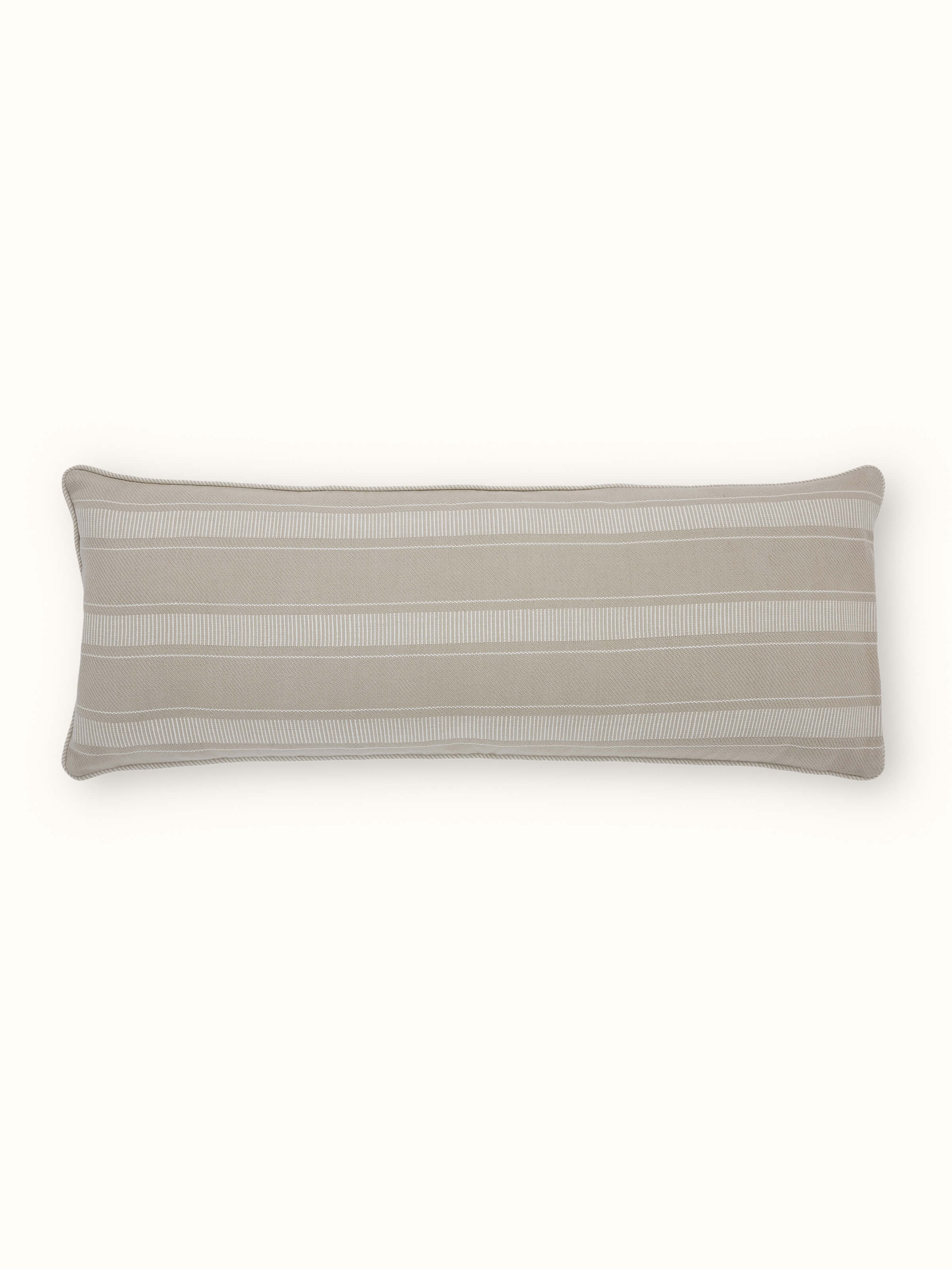 Front view of Godna Light Beige Stripe Cotton Handwoven Pattu Lumbar Cushion Cover showcasing the striped design.