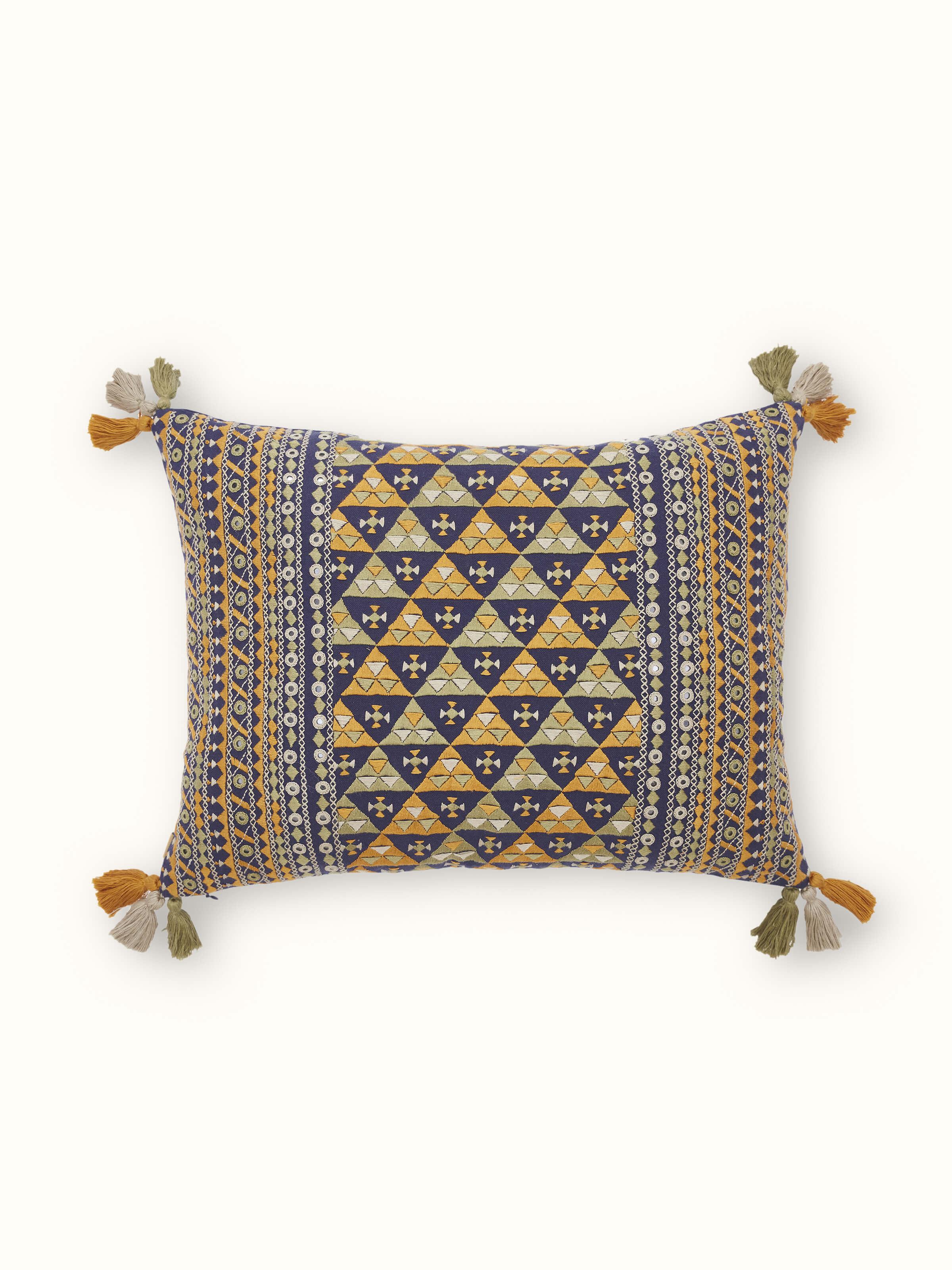 Full view of Neel blue border cotton casement suf hand embroidered cushion cover displaying its hand-stitched details and blue border