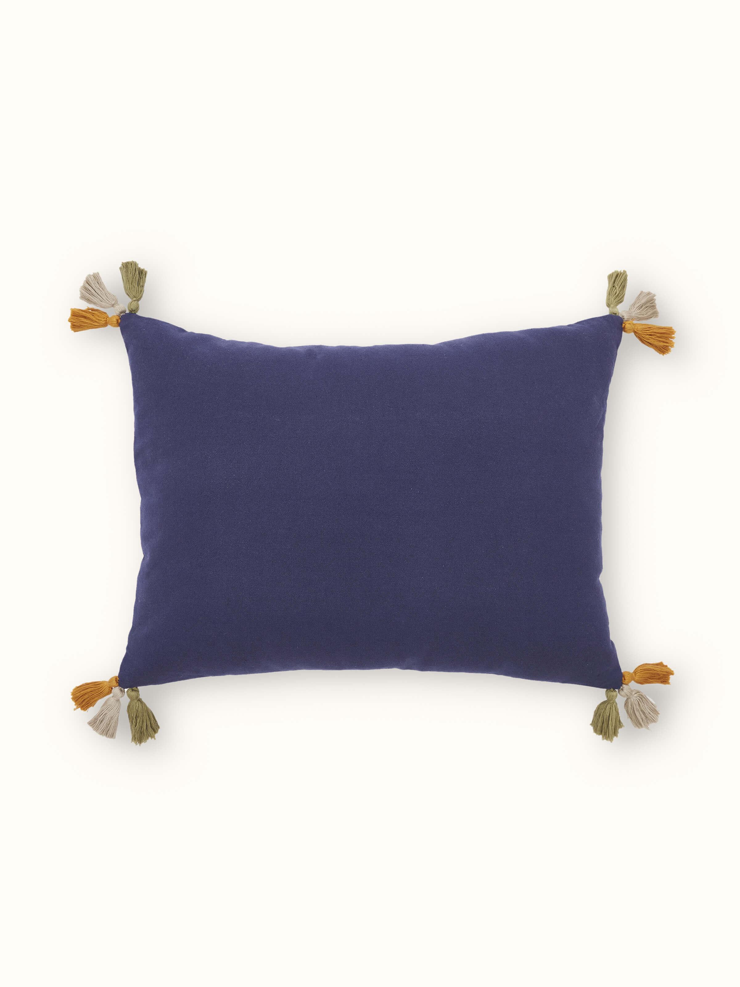 Close-up view of Neel blue border cotton casement suf hand embroidered cushion cover highlighting the blue embroidery on a beige background