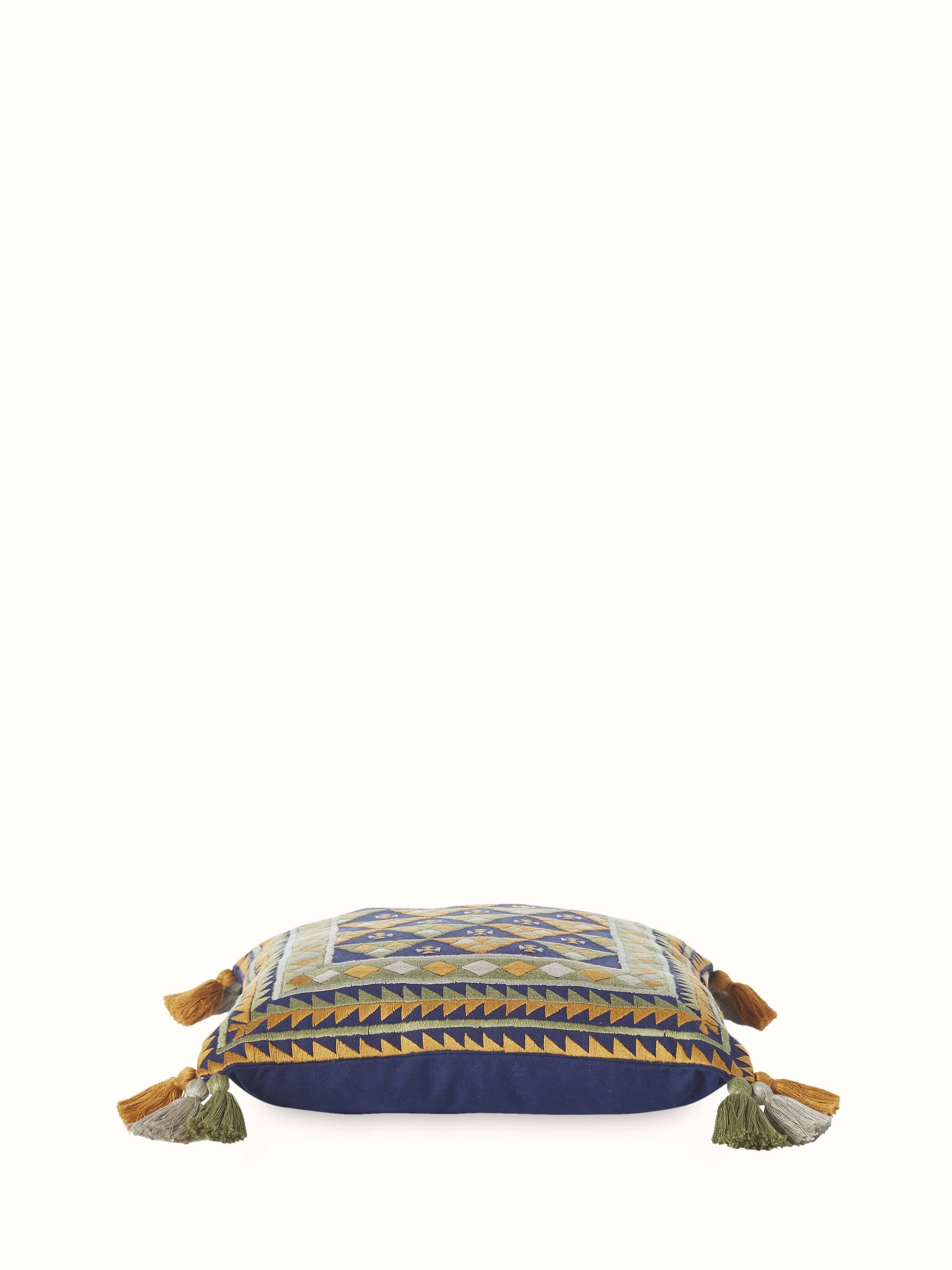 Detailed view of Neel blue triangular allover cotton casement suf hand embroidered cushion cover focusing on the fabric texture and design.