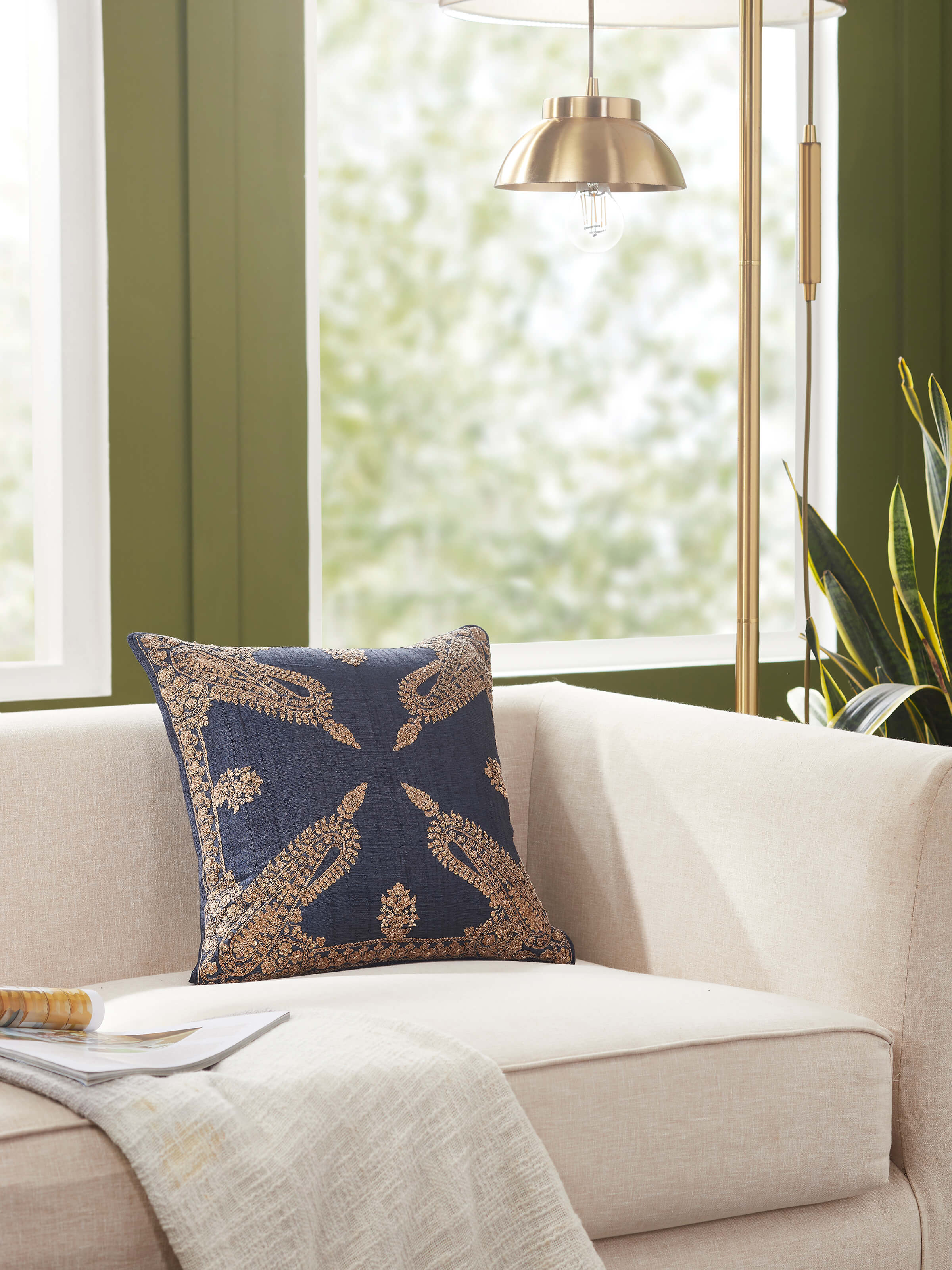 Detailed close-up of Alankar dark blue koniya paisley silk zardozi embroidered cushion cover emphasizing the zardozi embroidery and silk texture.