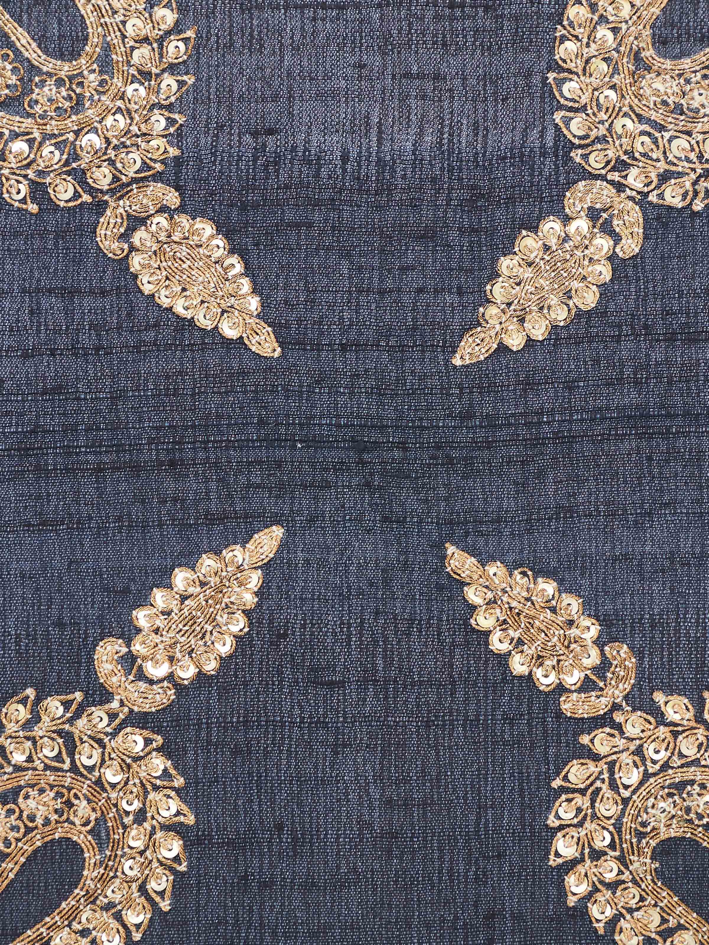 Close-up of Alankar dark blue koniya paisley silk zardozi embroidered cushion cover focusing on the intricate zardozi work and deep blue silk.