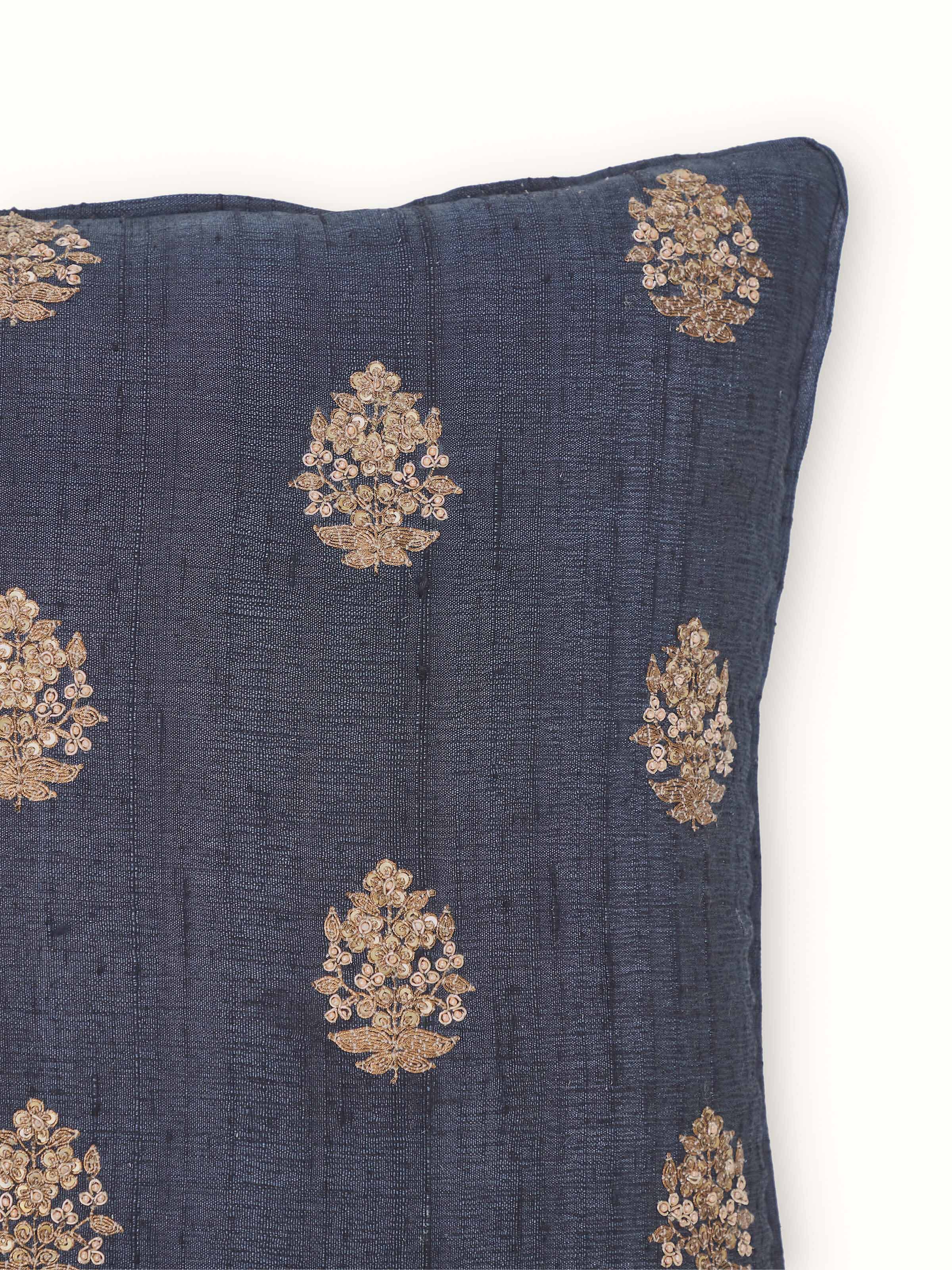 Alankar dark blue buti silk zardozi embroidered cushion cover with detailed zardozi work.