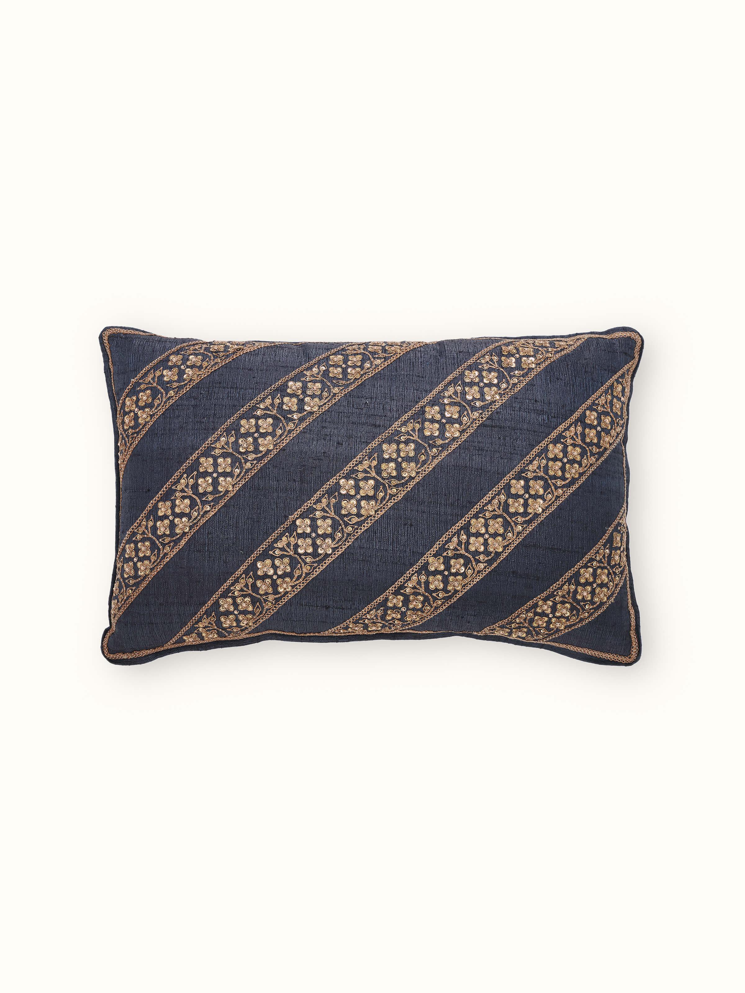 Full view of Alankar dark blue diagonal stripe silk zardozi embroidered cushion cover highlighting the diagonal stripe design and zardozi embroidery