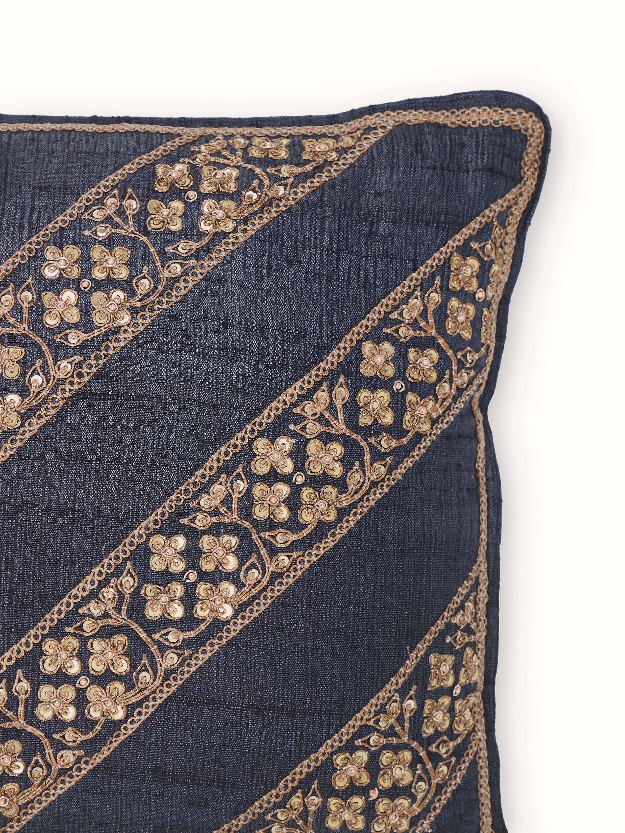 Detailed view of Alankar dark blue diagonal stripe silk zardozi embroidered cushion cover emphasizing the embroidery work and stripe pattern