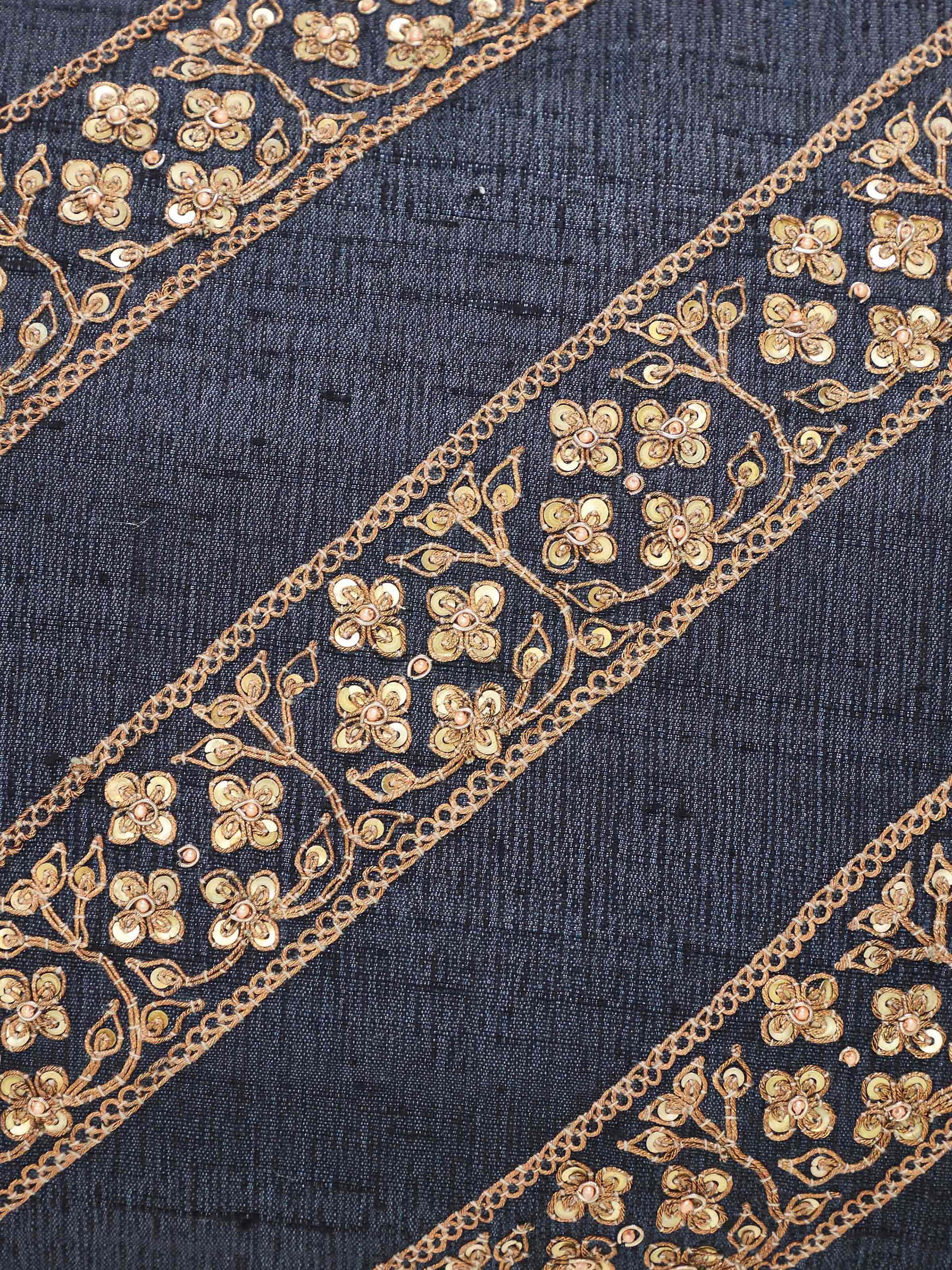 Full view of Alankar dark blue diagonal stripe silk zardozi embroidered cushion cover with focus on the design and zardozi details
