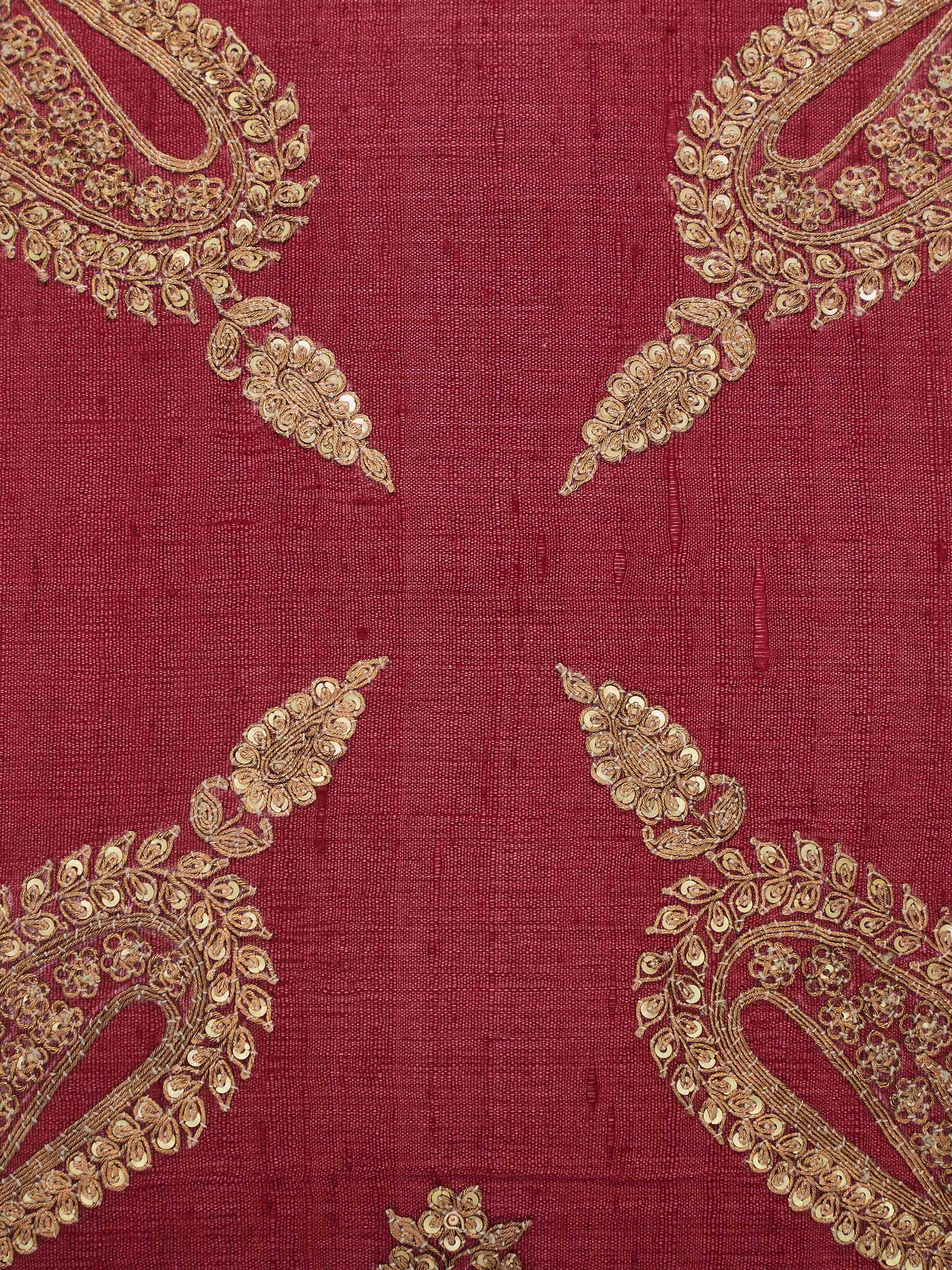 Close-up view of Alankar maroon koniya paisley silk zardozi embroidered cushion cover showing the detailed zardozi work and luxurious silk texture.