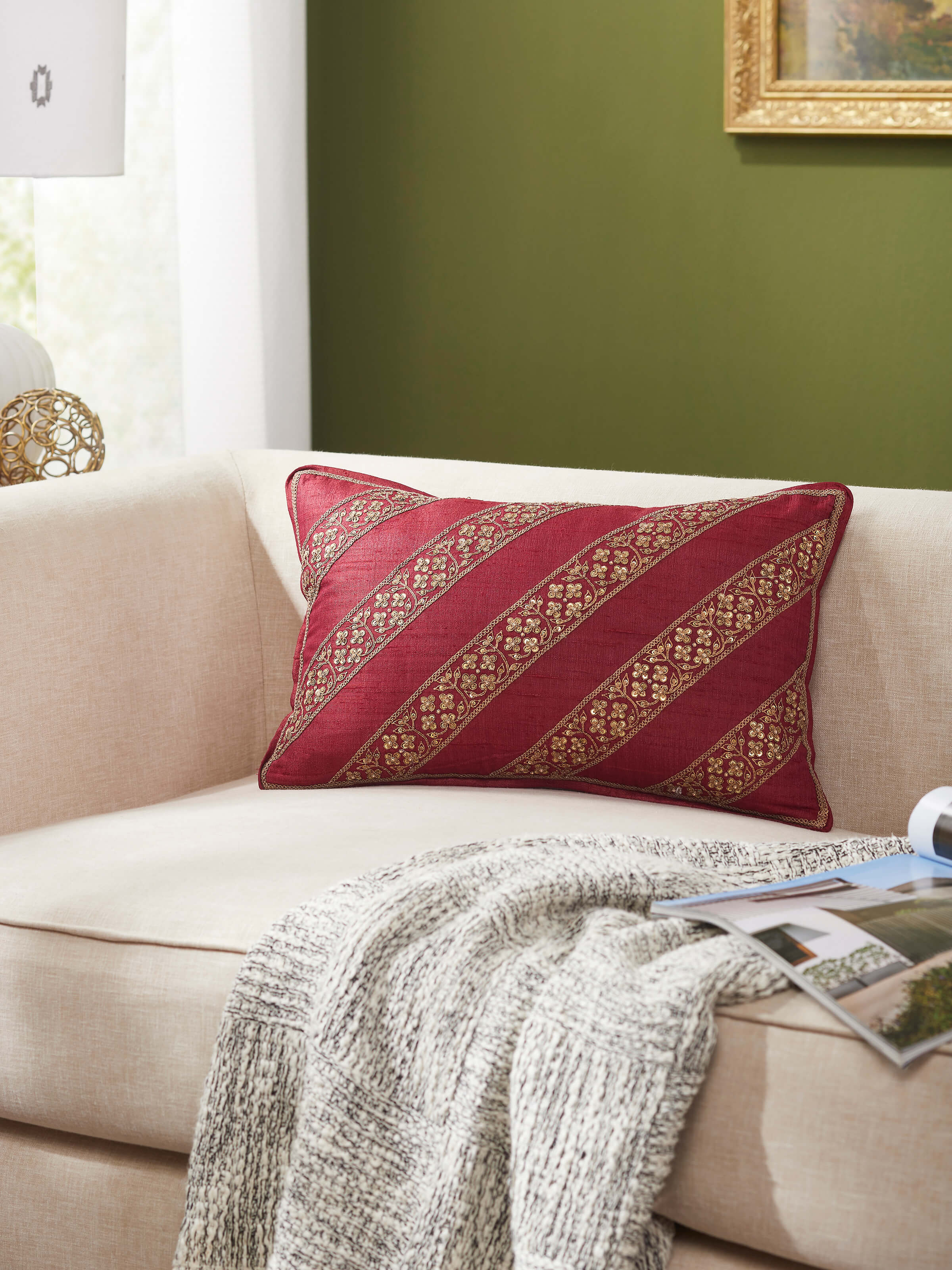 Close-up of Alankar Maroon Diagonal Stripe Silk Zardozi Embroidered Cushion Cover showcasing detailed embroidery work