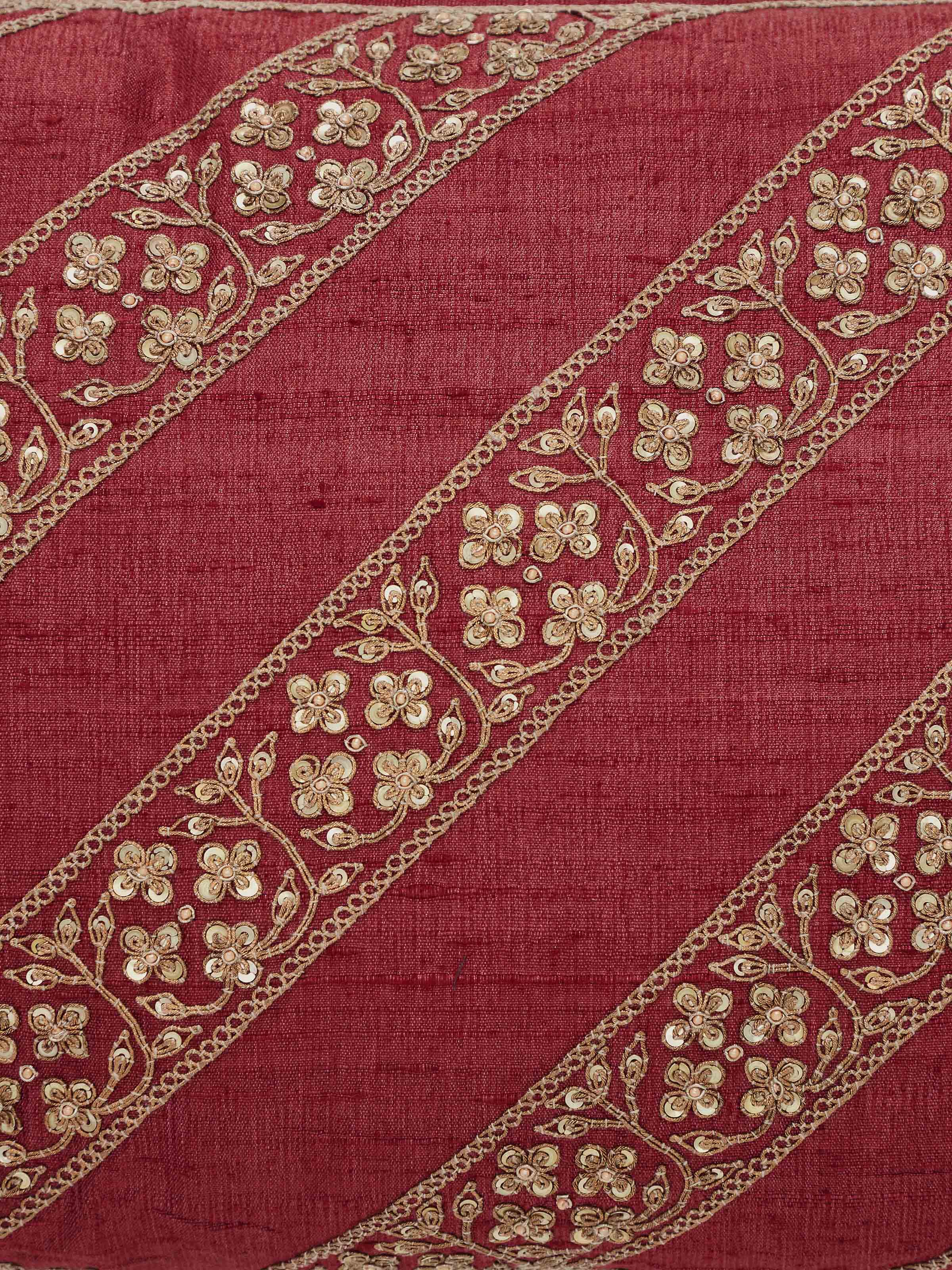 Detailed view of Alankar Maroon Diagonal Stripe Silk Zardozi Embroidered Cushion Cover emphasizing zardozi embroidery on silk