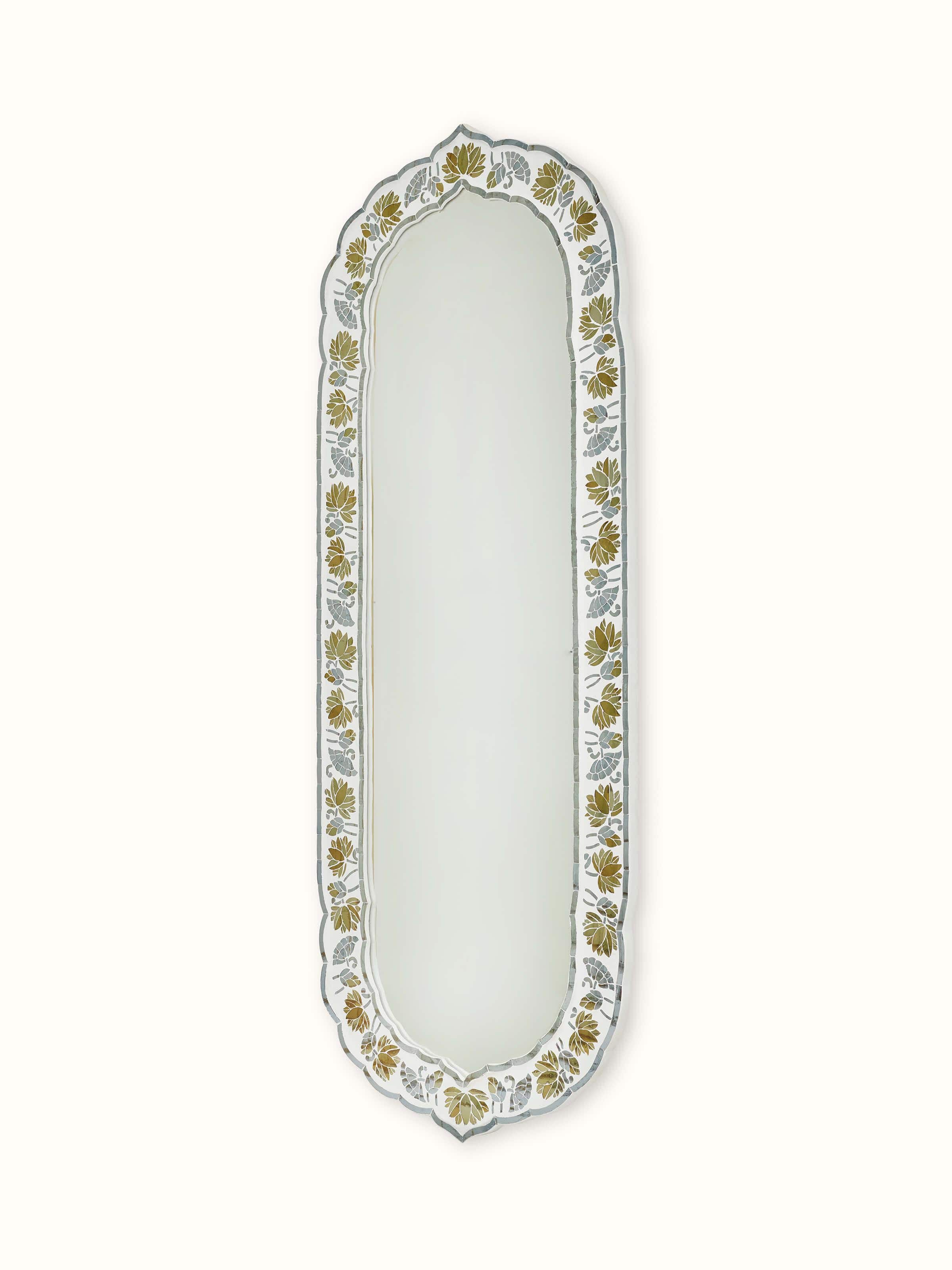 Side view of the glass floral inlay arch full-length mirror, highlighting the detailed floral inlays and arch shape.