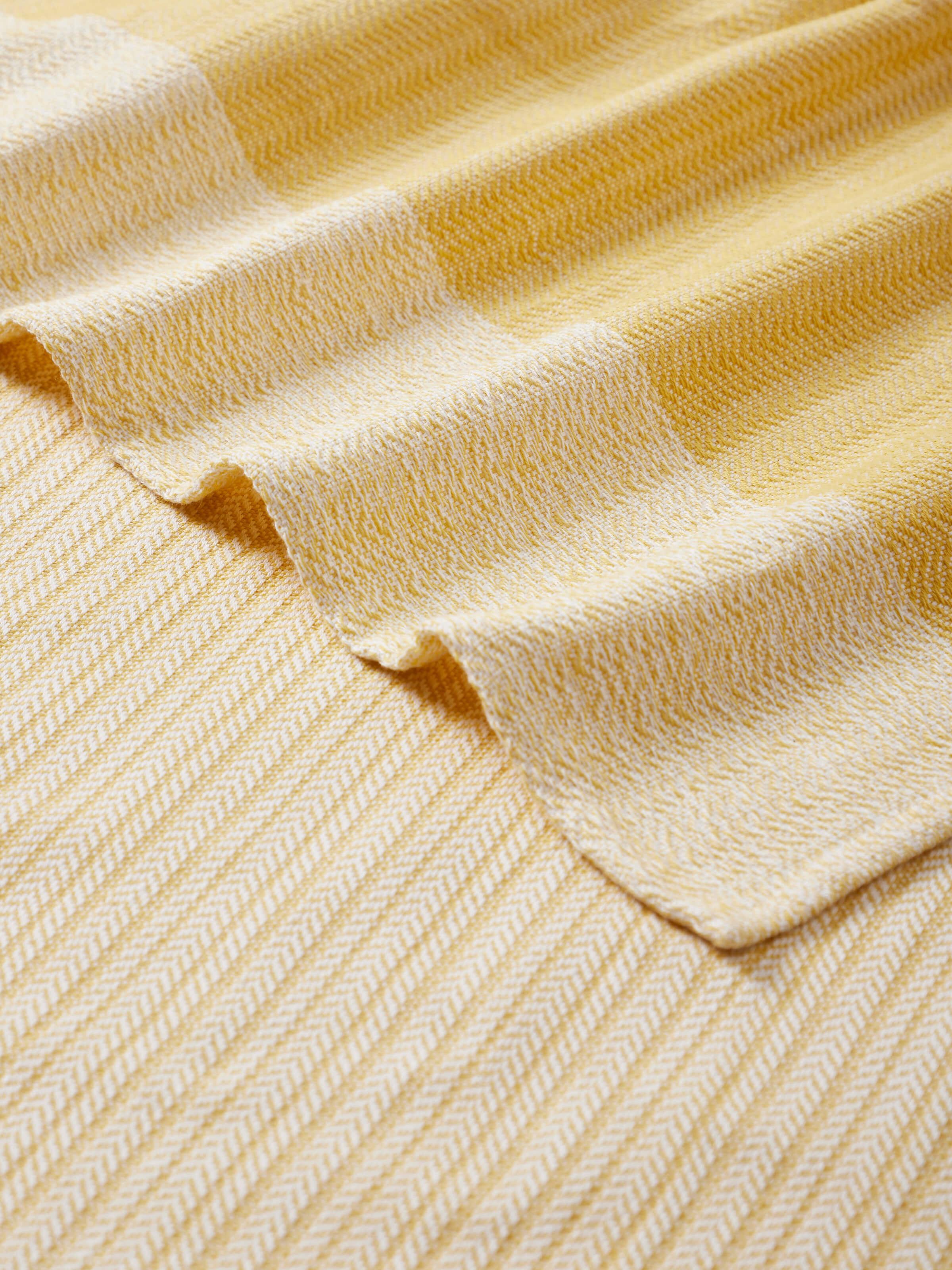 Detailed view of Vayana solid yellow stripe cotton bath towel (L) showing the towel’s stripe pattern and fabric quality