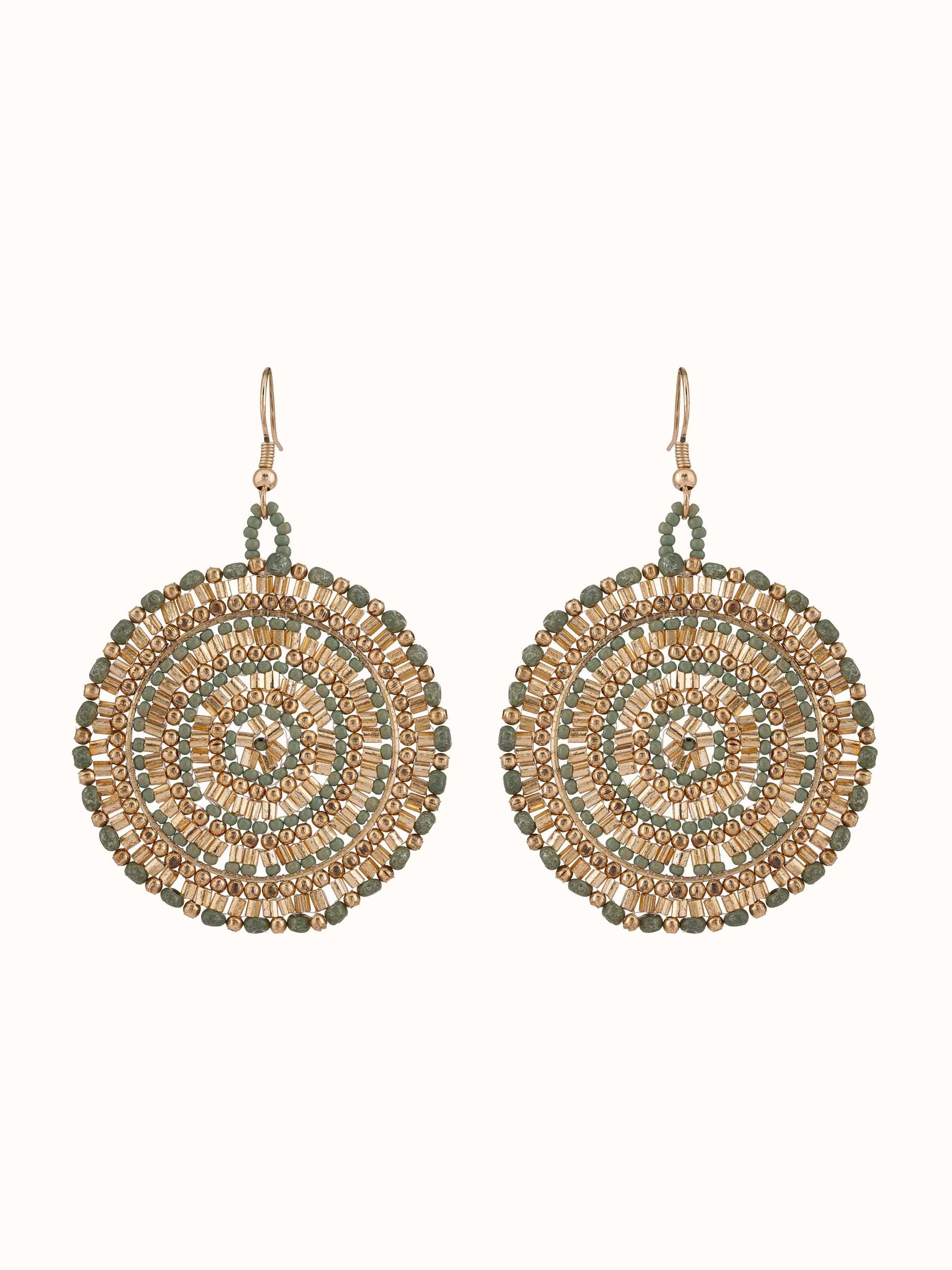 Front view of handcrafted drop earrings featuring a detailed design and vibrant colors.