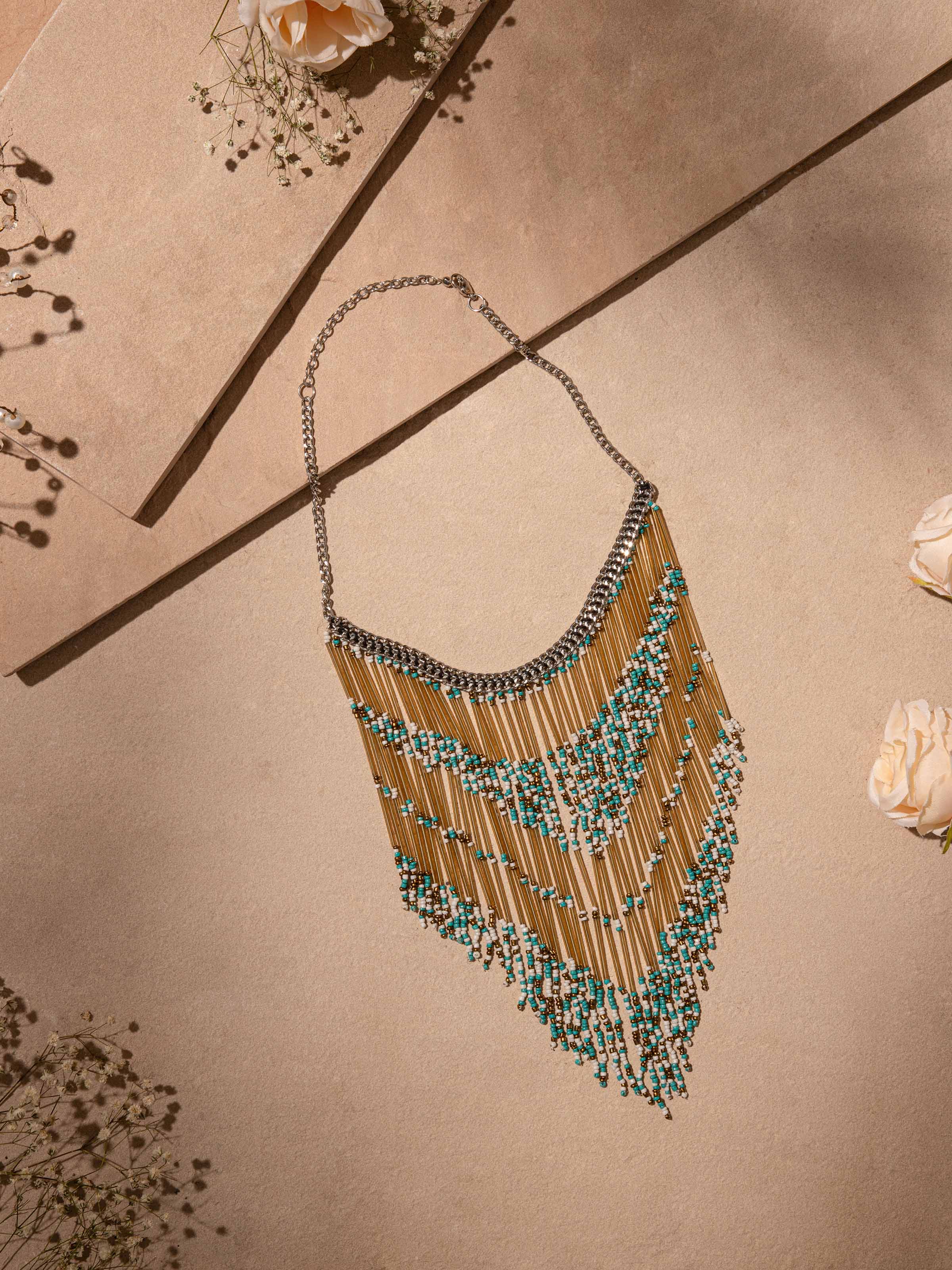 Side view of Handcrafted Long Necklace highlighting the elegant design and details.