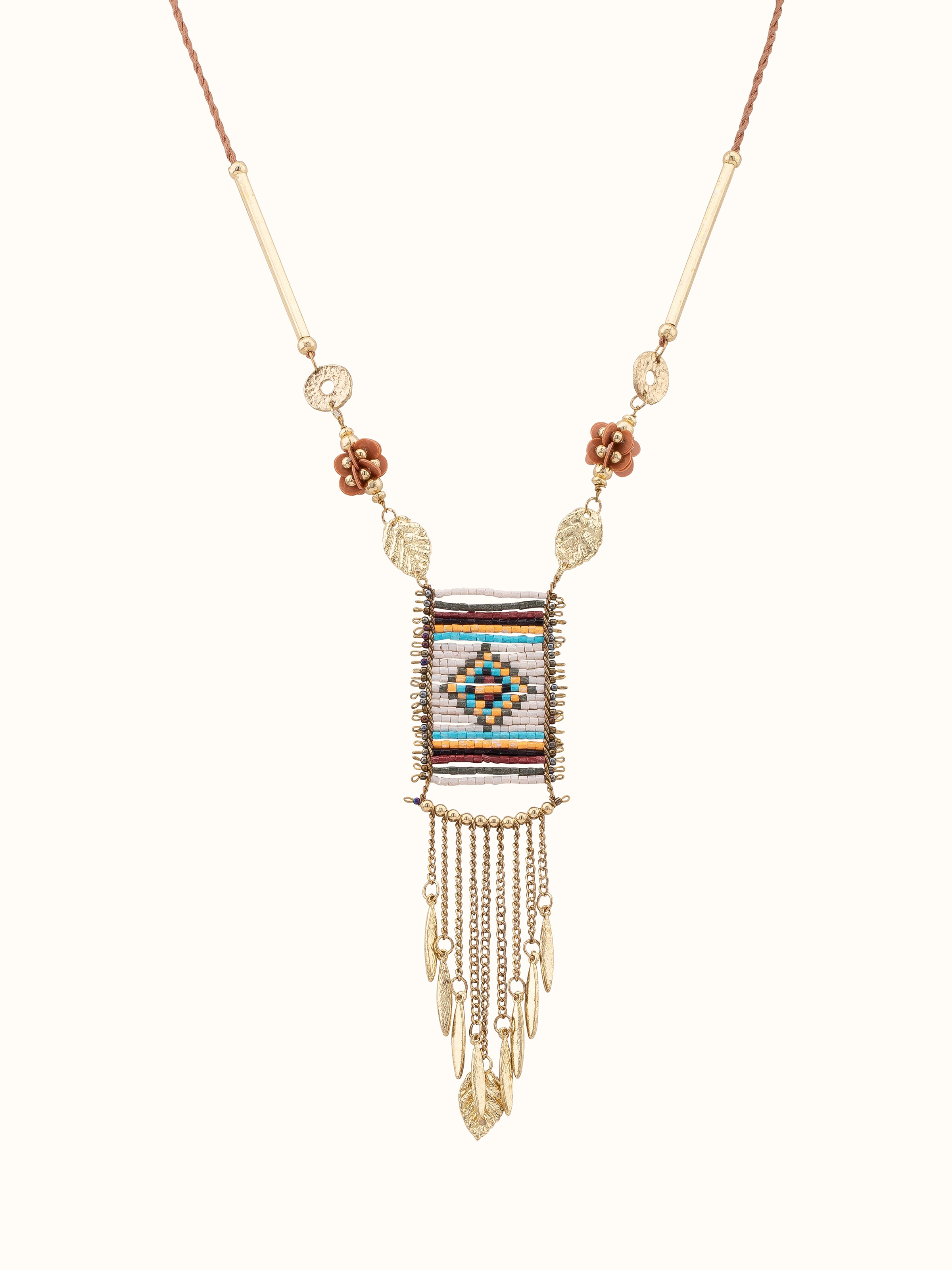 Front view of Handcrafted Long Necklace featuring unique beadwork and elegant design