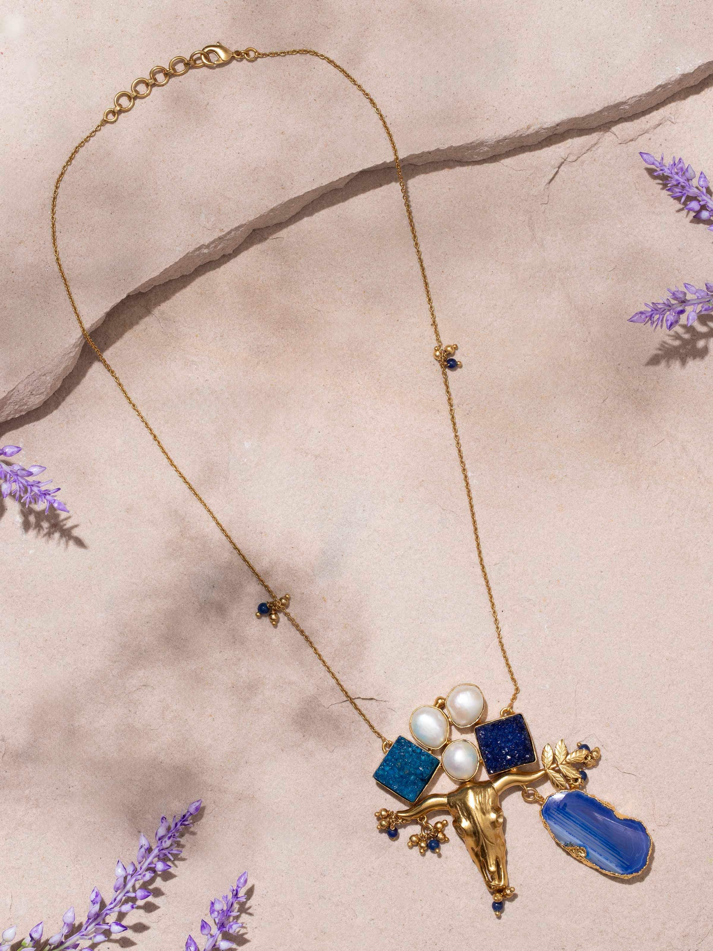 Close-up of agate long necklace highlighting the detailed agate stones and clasp.