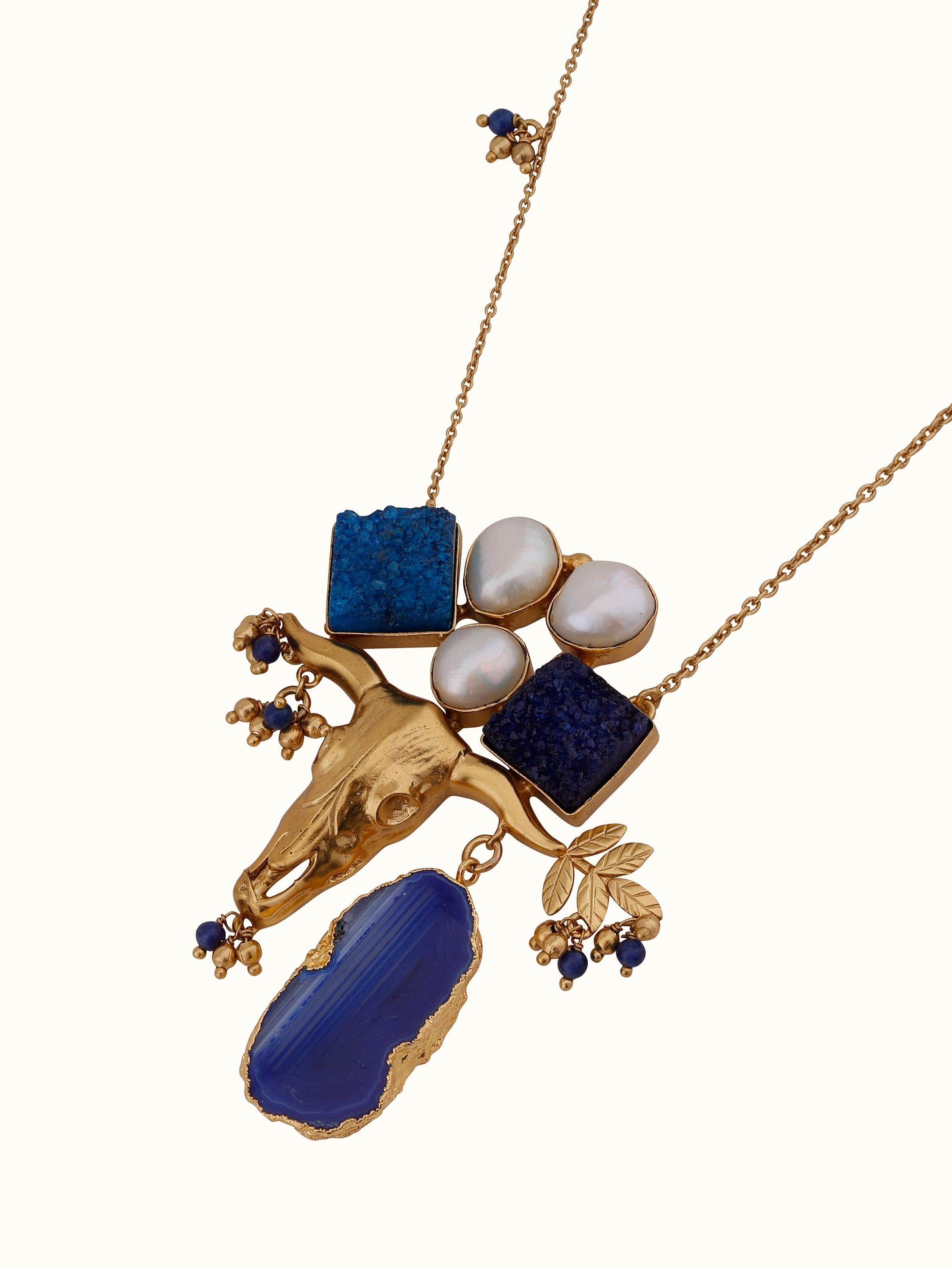 Detailed view of agate long necklace showing the texture and color variations of the stones.