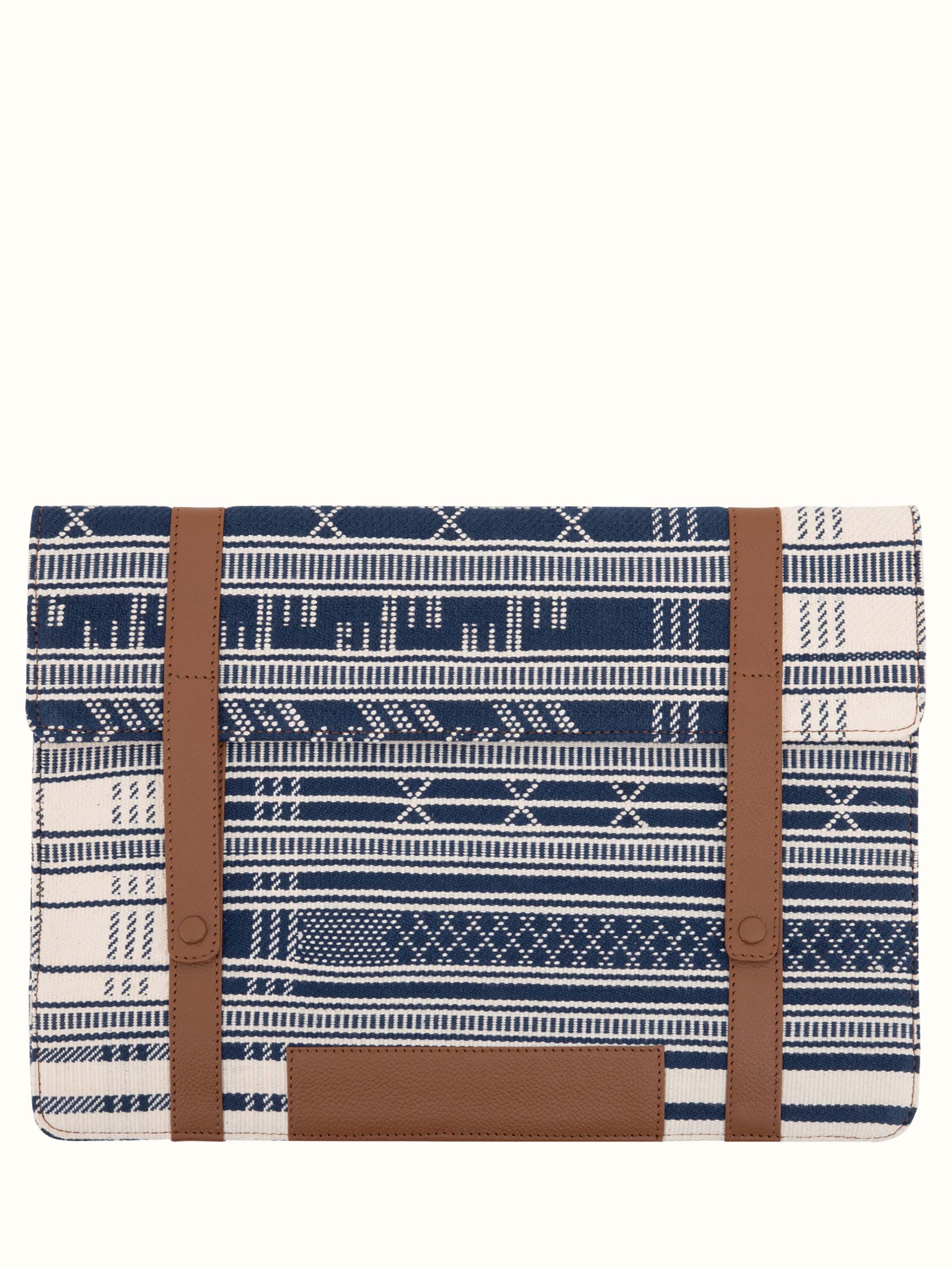 Front view of leather and textile laptop sleeve showcasing sleek design and premium materials