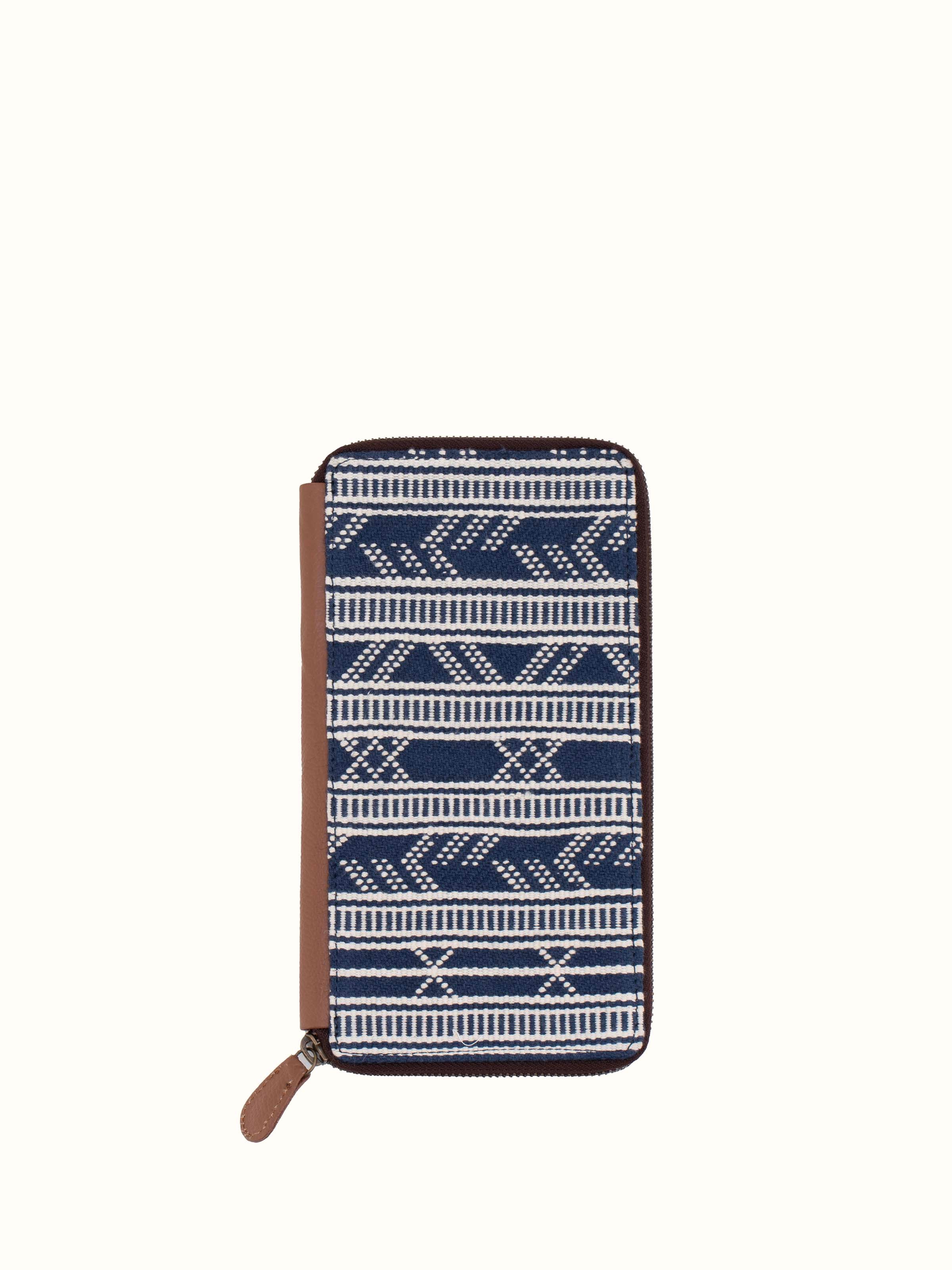 Front view of Leather & textile extra-weft travel wallet featuring a combination of leather and textile