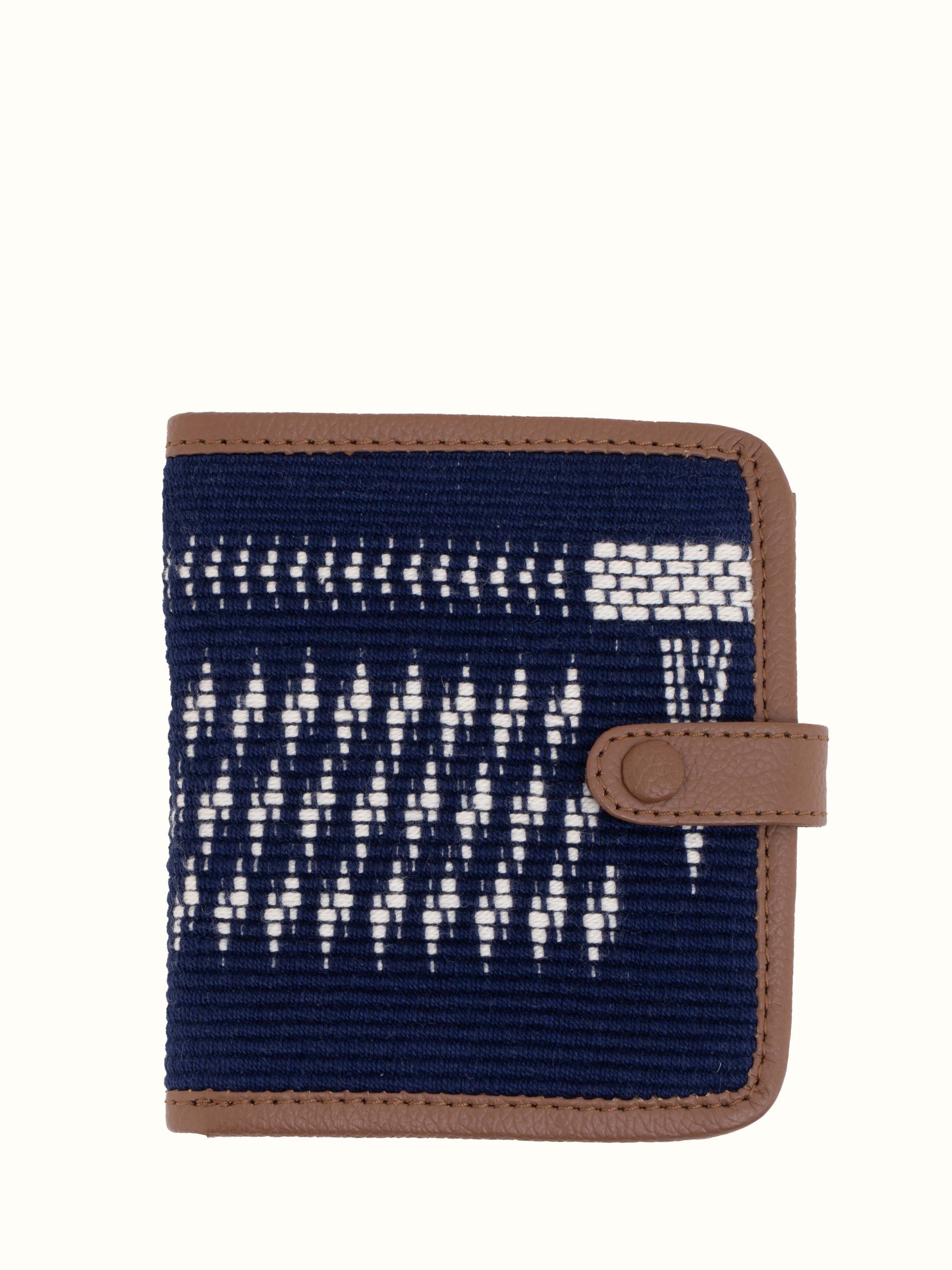 Front view of leather and textile Nagaland loin loom wallet showcasing traditional loom design and leather finish