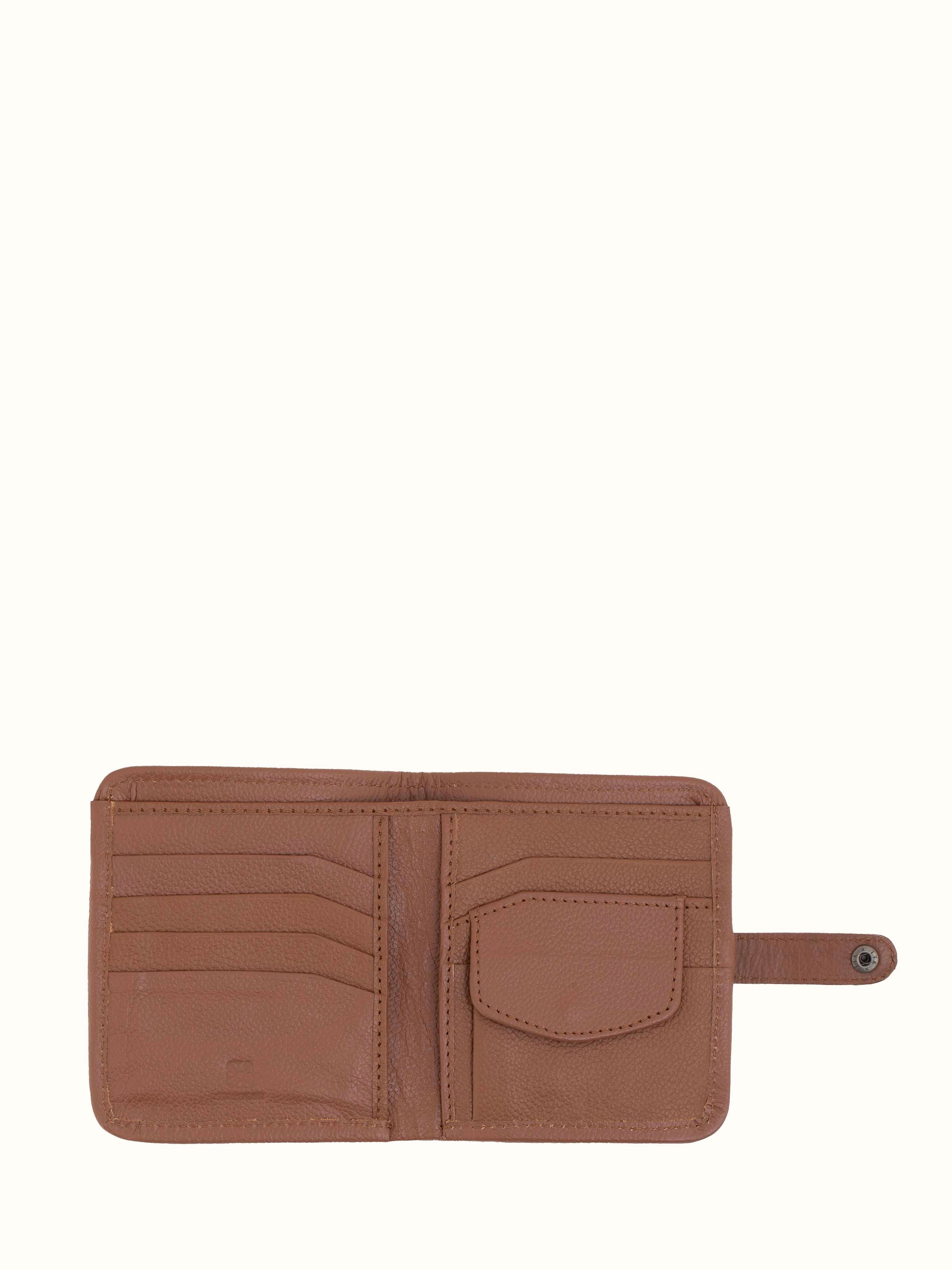 Angled view of leather and textile Nagaland loin loom wallet showcasing design and functionality