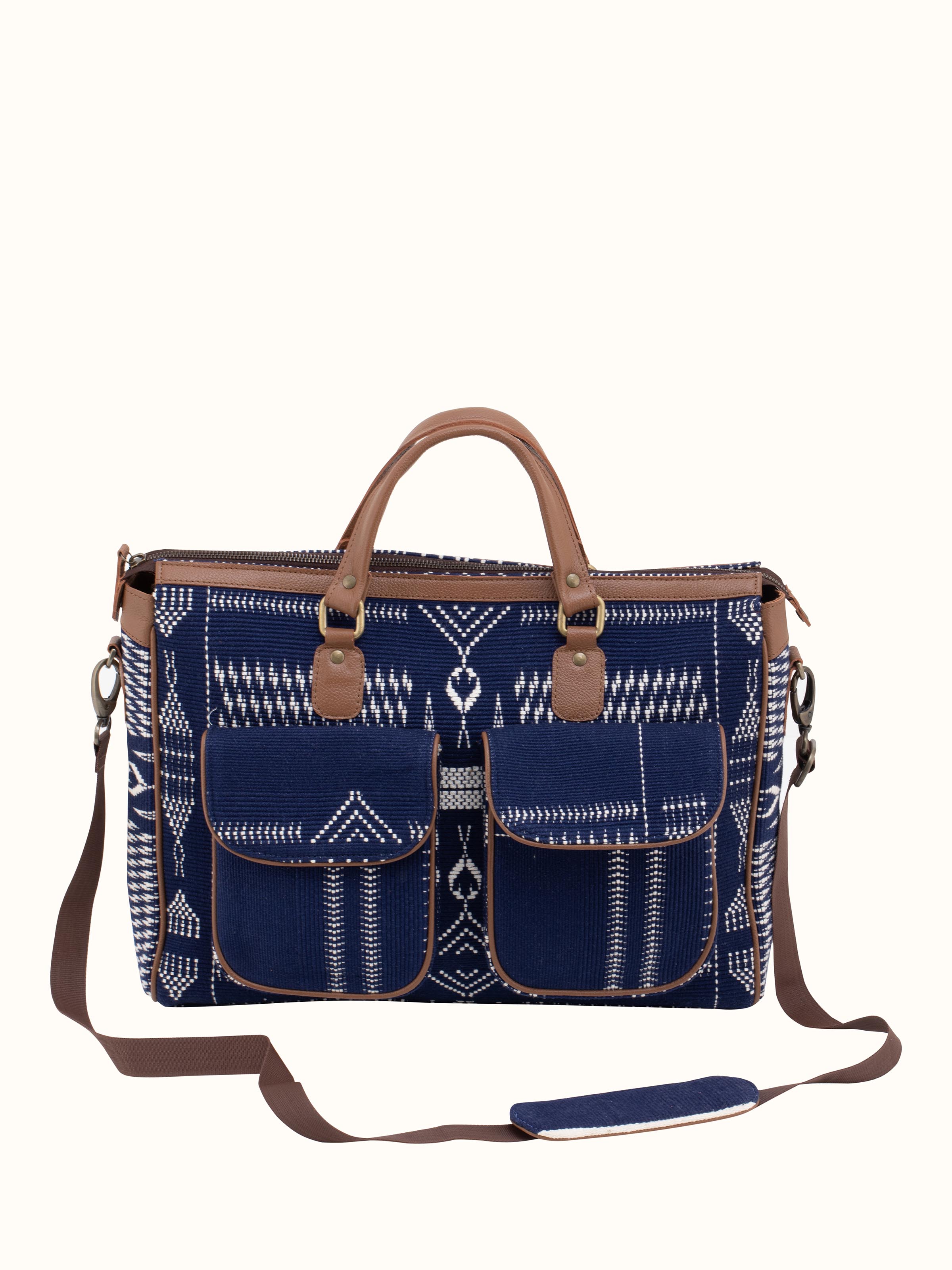 Front view of leather and textile Nagaland loin loom business bag