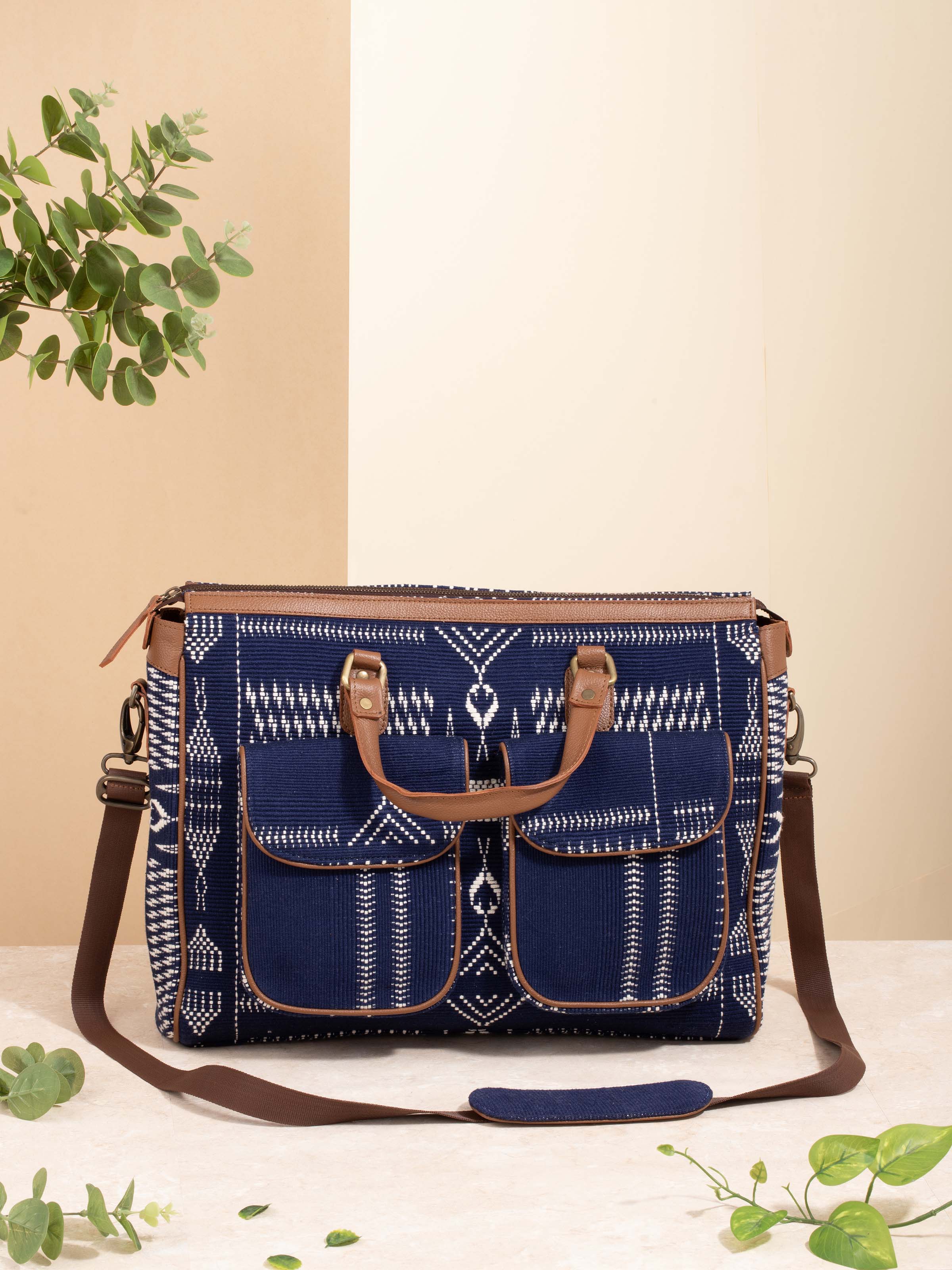 Close-up view of leather and textile Nagaland business bag showing craftsmanship