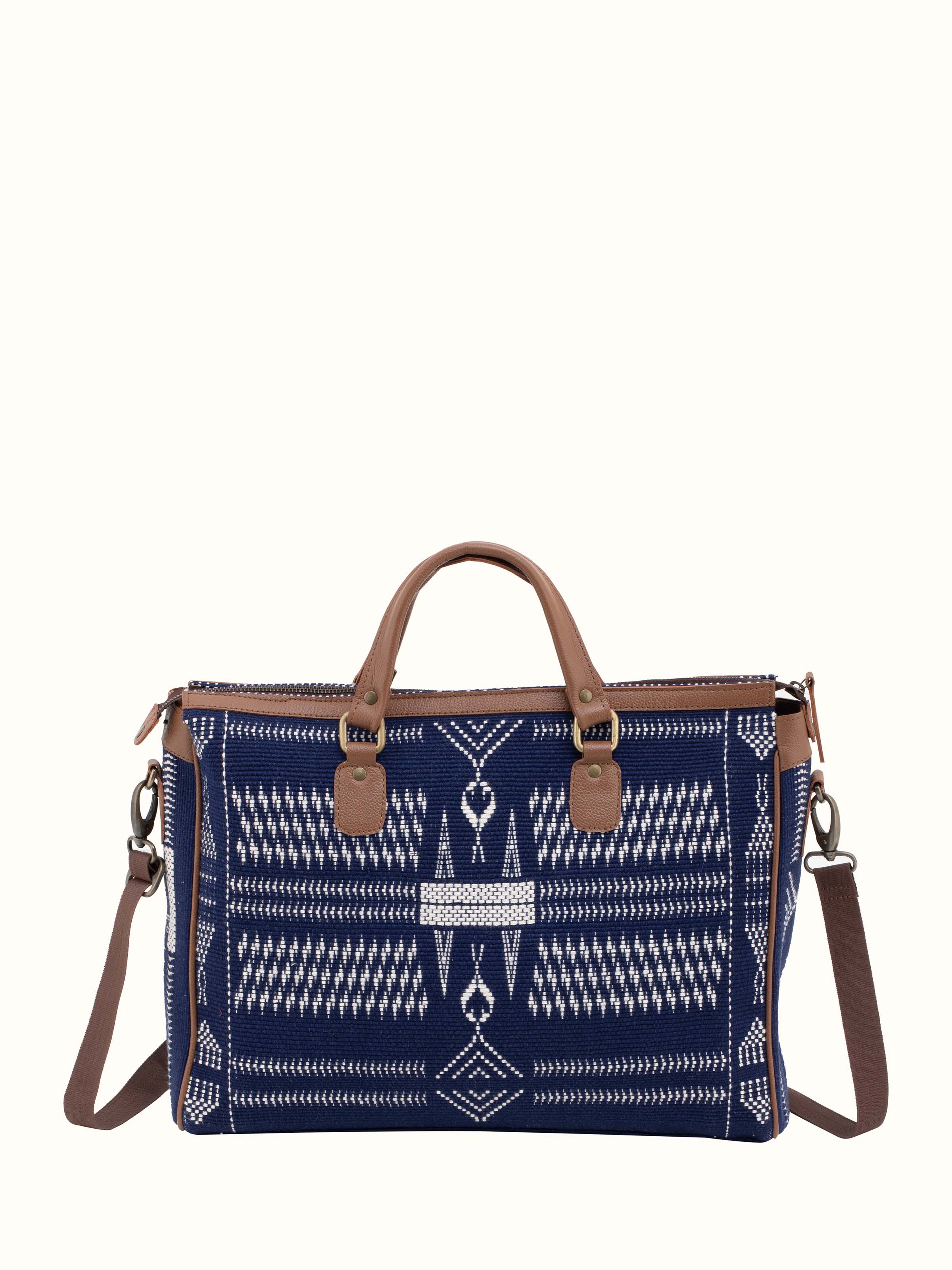 Angled view of leather and textile Nagaland business bag emphasizing texture