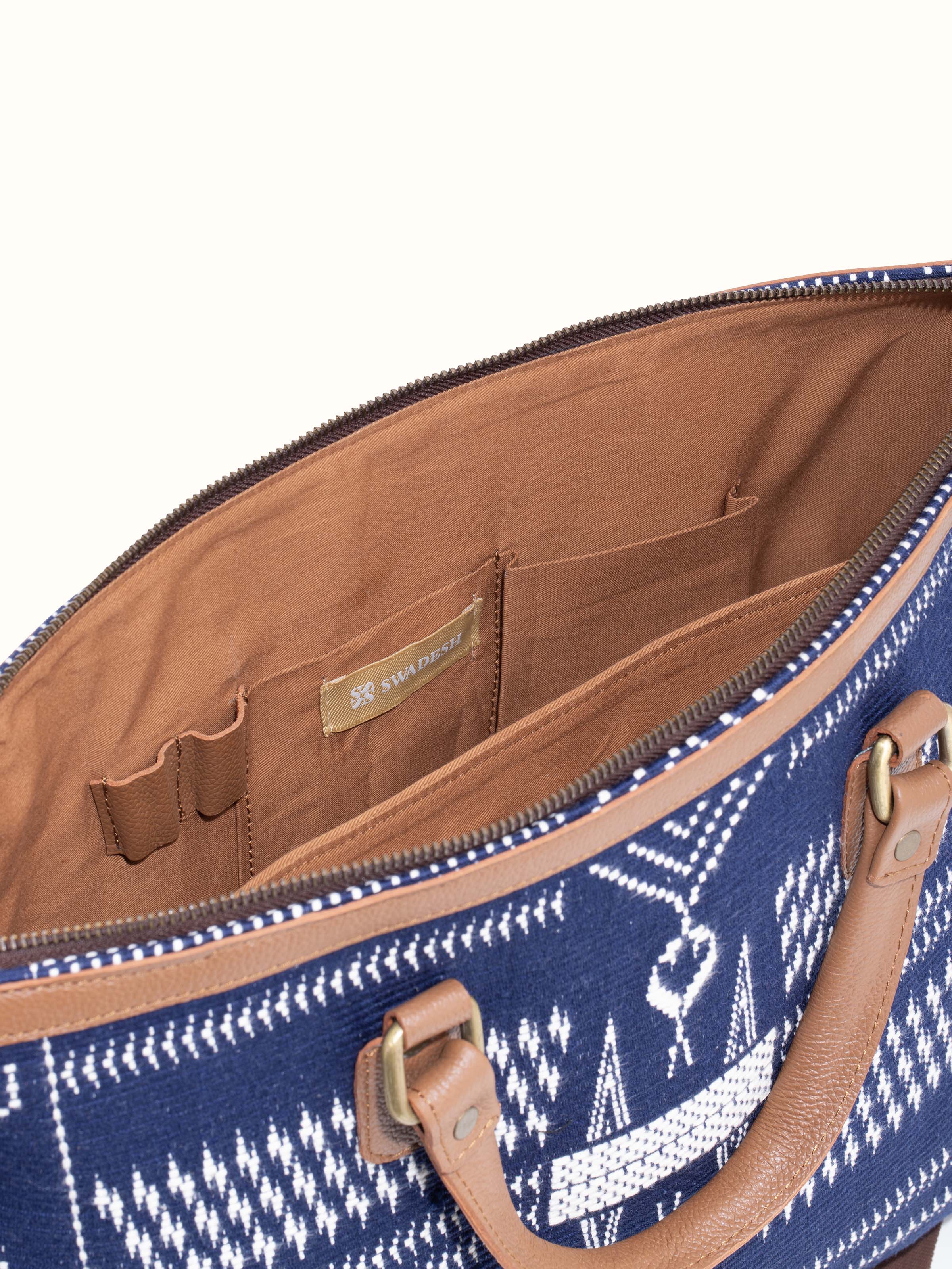 Back view of leather and textile Nagaland business bag highlighting design