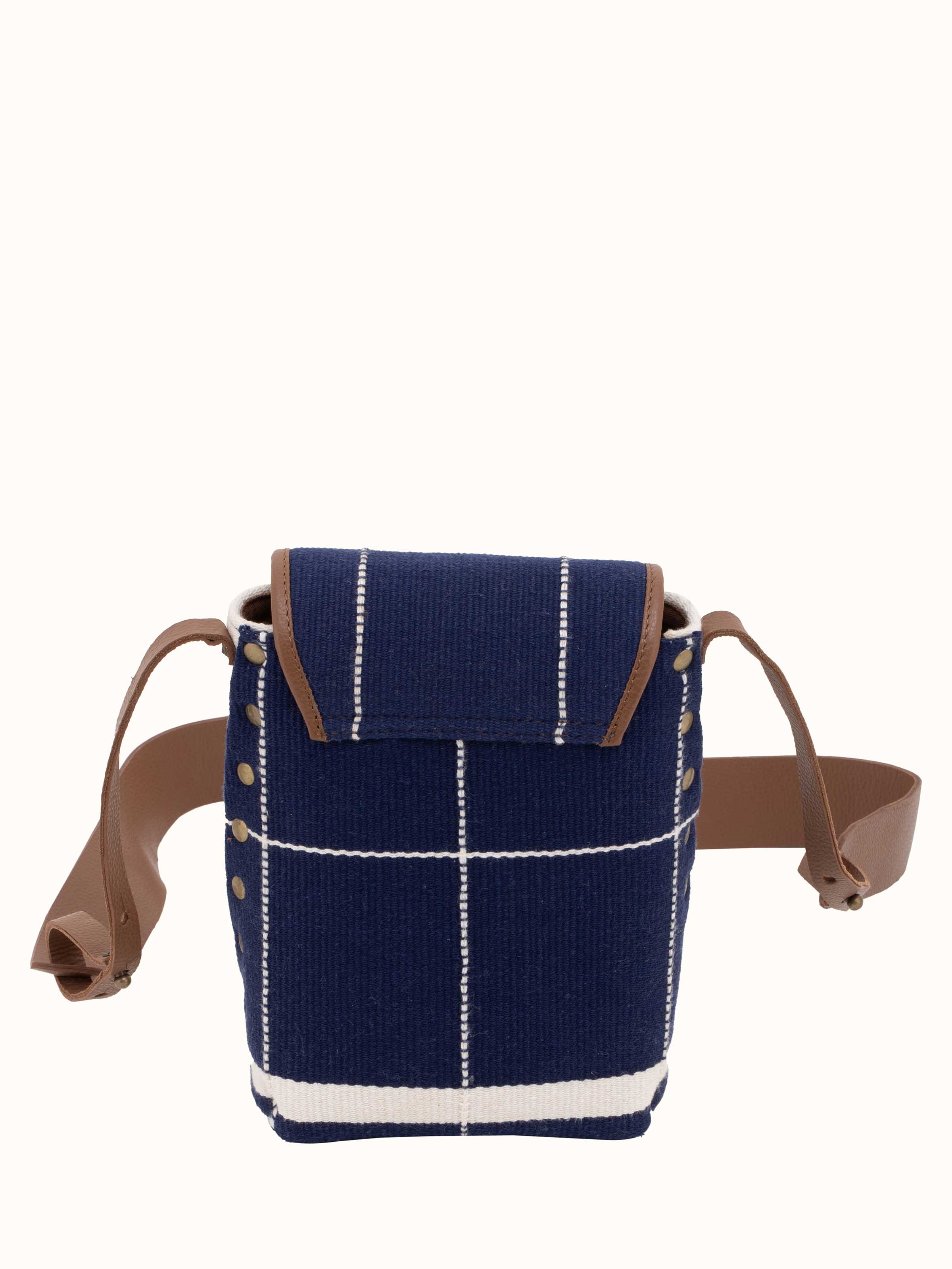 Back view of leather & textile Nagaland loin loom sling bag displaying overall design