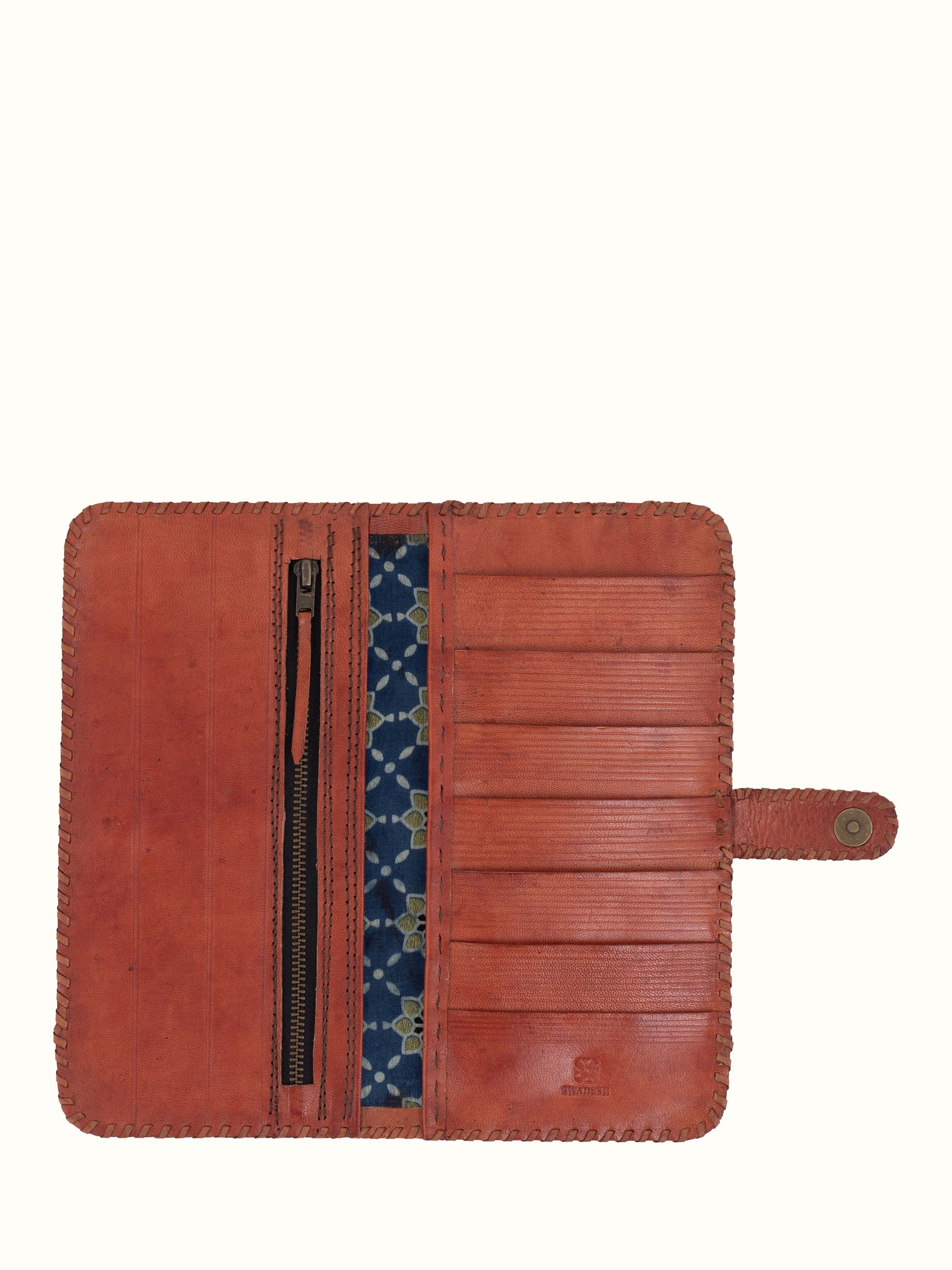 Angled view of Tan Leather Kutch Stitched Long Wallet showing open interior and card slots.