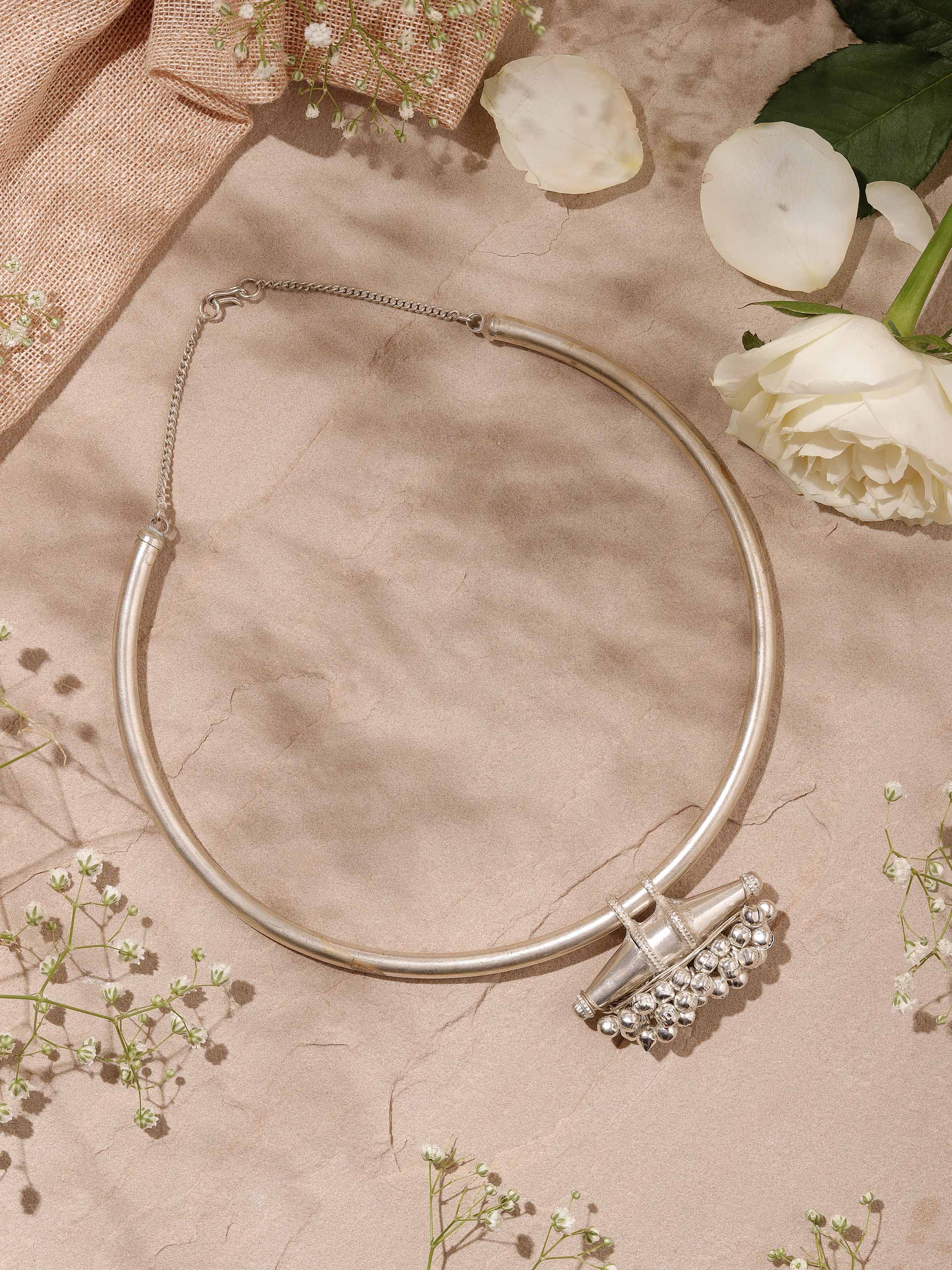 Side view of Lambani Collar Necklace highlighting detailed embroidery and colorful embellishments