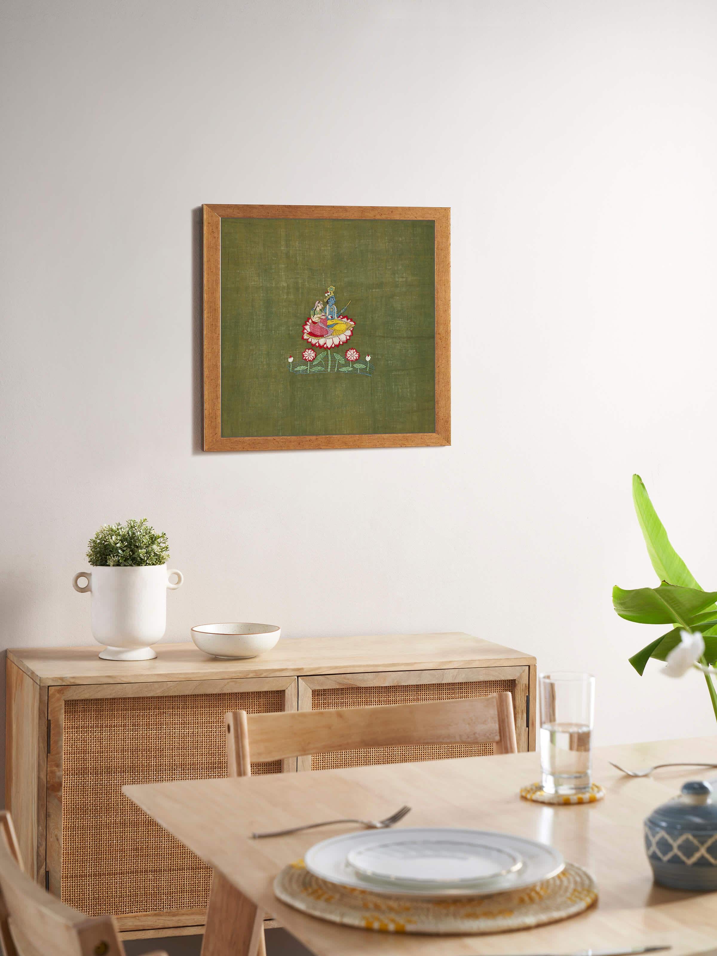 Detailed view of Chamba Rumal Kamalasan wall art, highlighting the fine stitching and design.