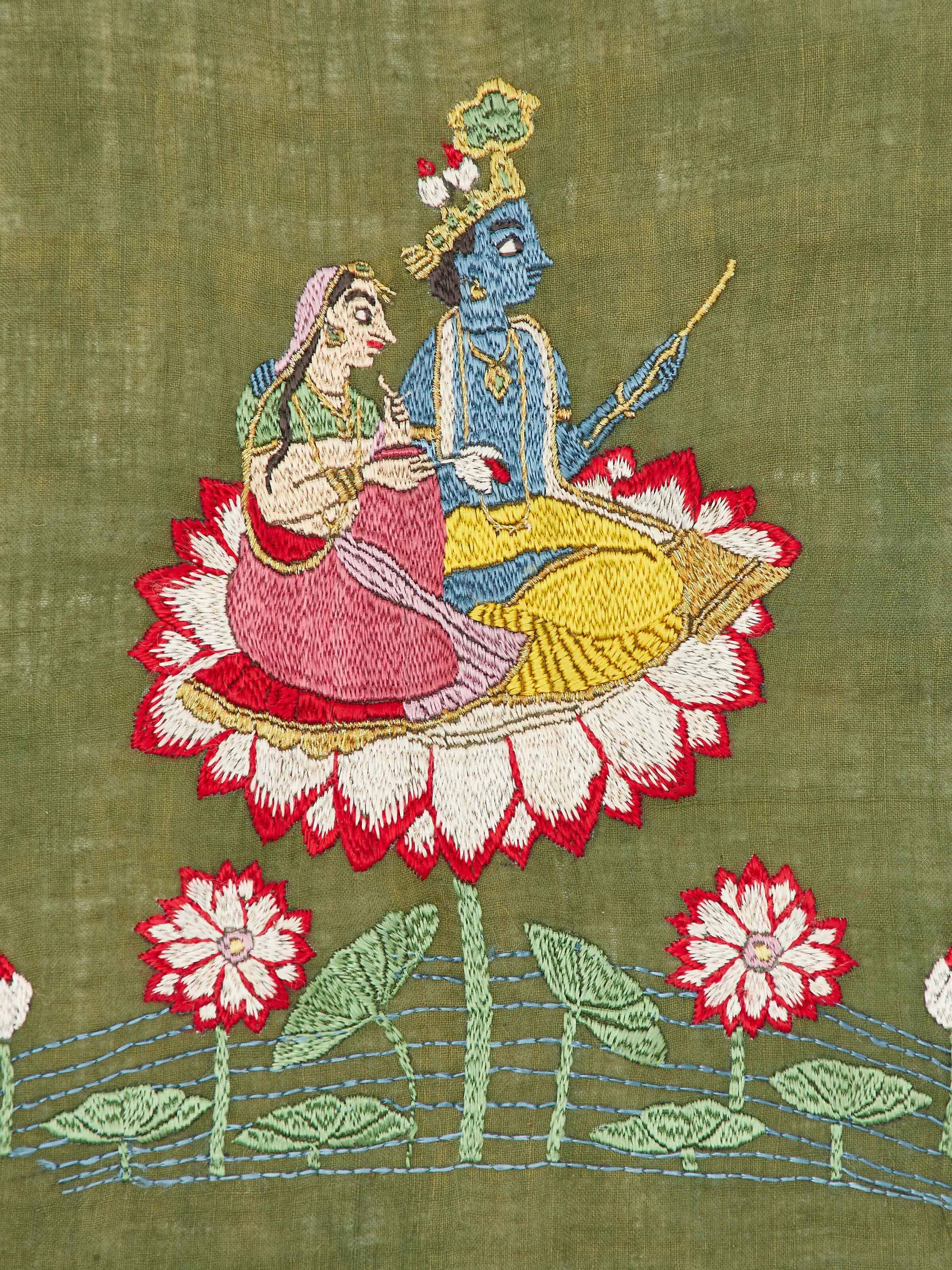 Close-up of Chamba Rumal Kamalasan wall art, focusing on the embroidery patterns.