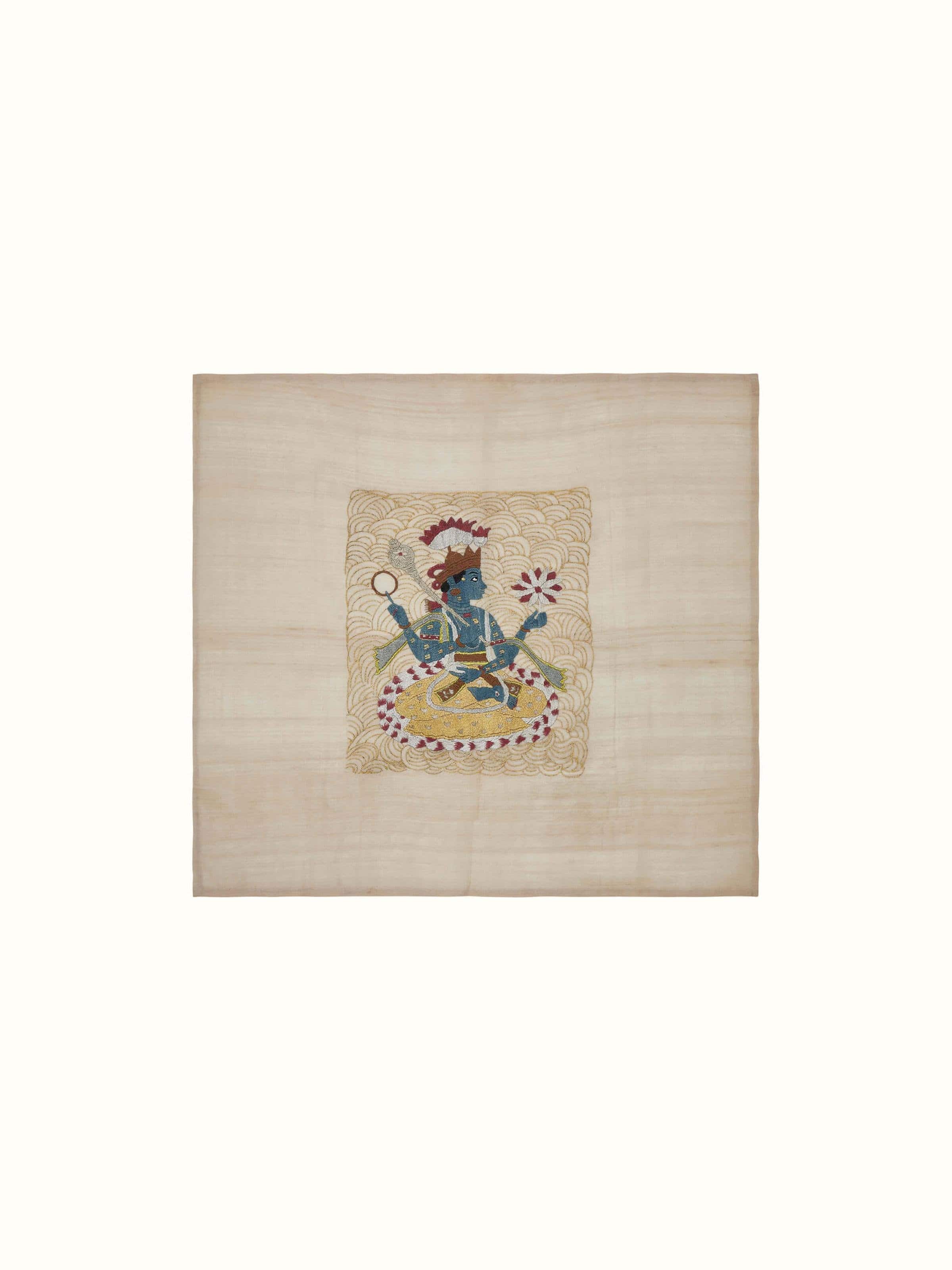 Front view of Chamba Rumal Kamalasan Wall Art, highlighting the intricate embroidery and vibrant colors