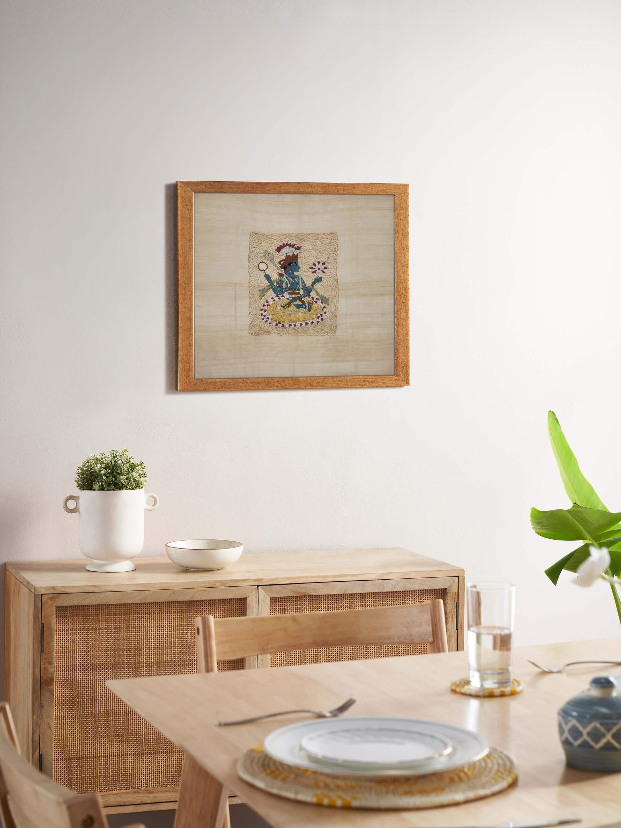 Close-up of Chamba Rumal Kamalasan Wall Art, focusing on the detailed needlework and floral patterns