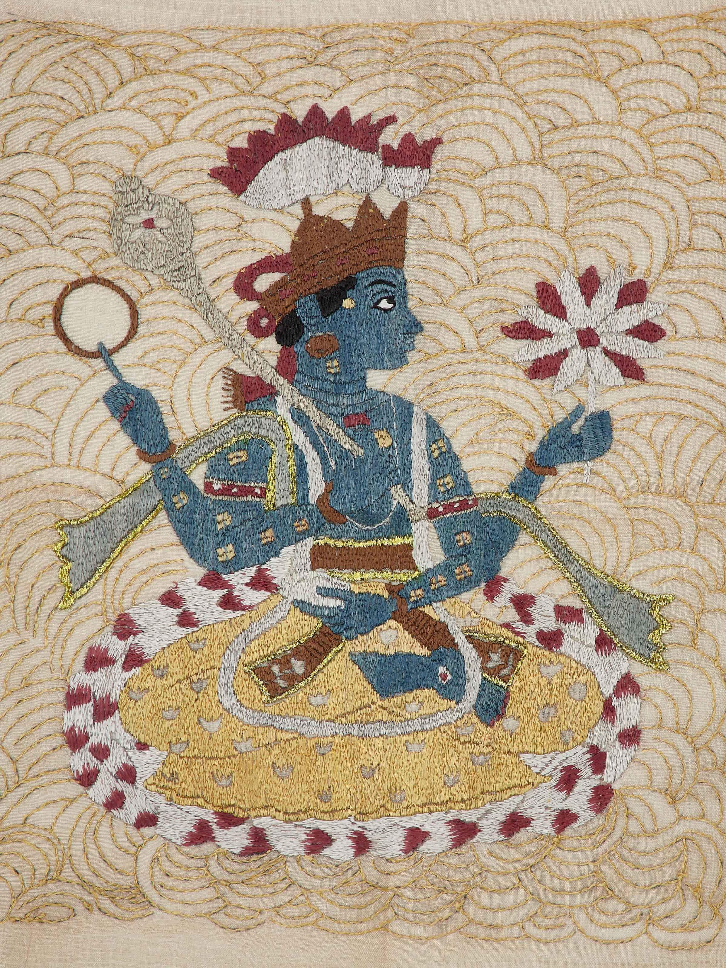 Side view of Chamba Rumal Kamalasan Wall Art, showing the texture and depth of the embroidery