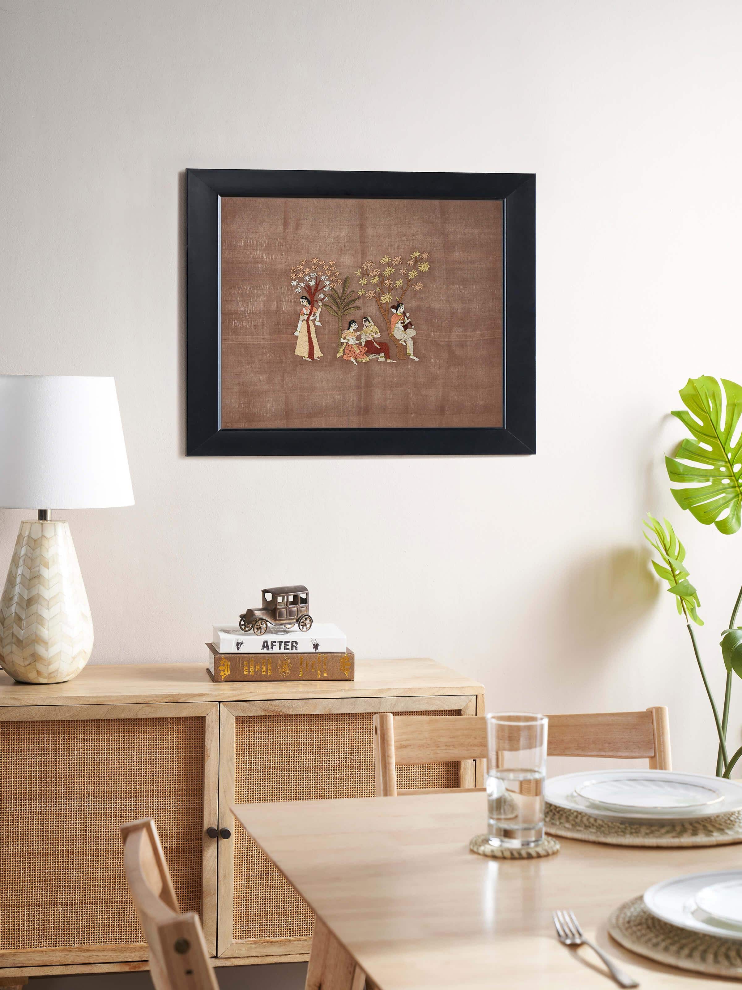 Side view of Chamba rumal sangeet wall art highlighting the detailed embroidery and vibrant colors.