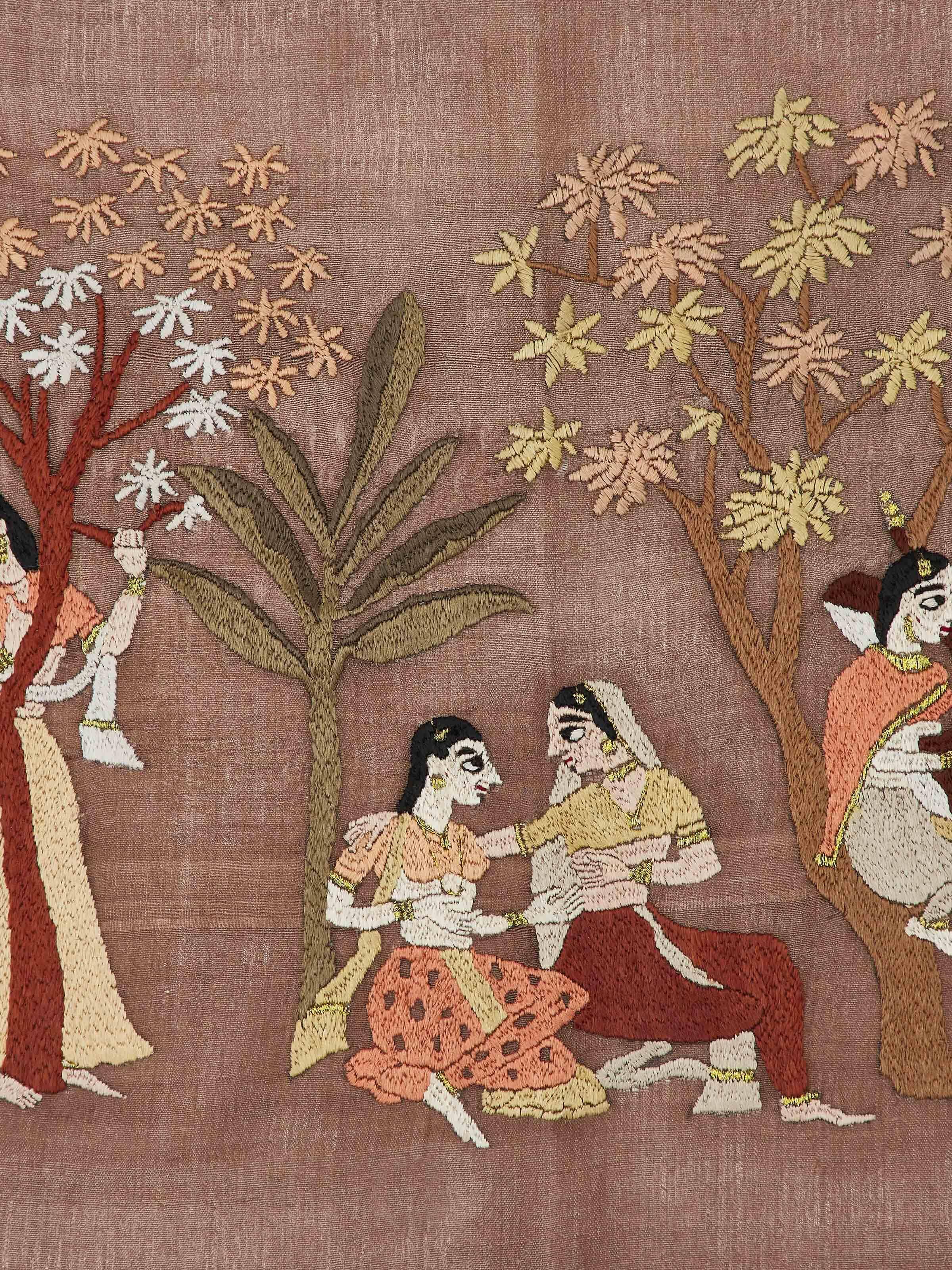 Close-up of Chamba rumal sangeet wall art focusing on the fine embroidery and artistic details.