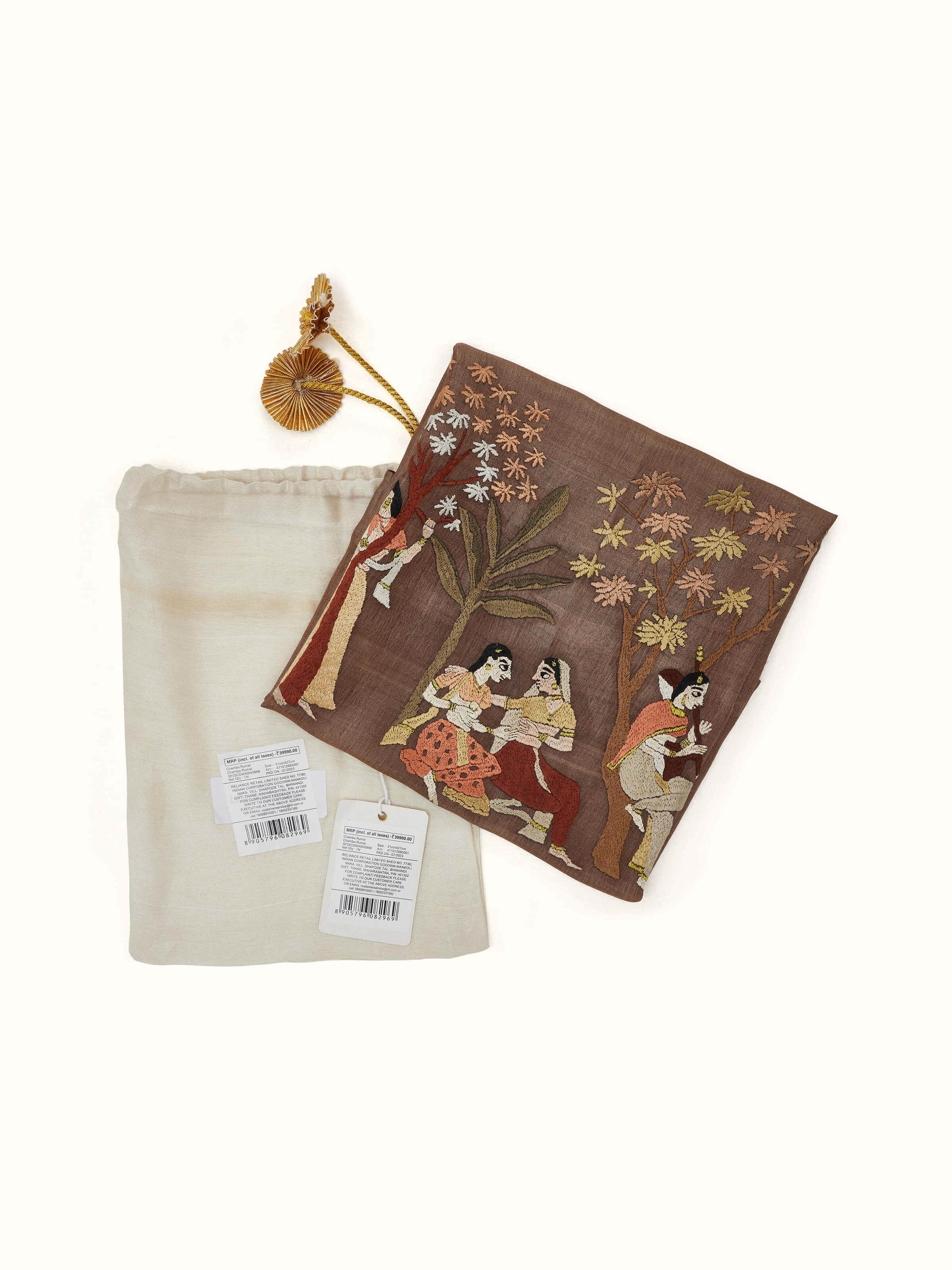 Angle view of Chamba rumal sangeet wall art showing the overall design and intricate stitching.