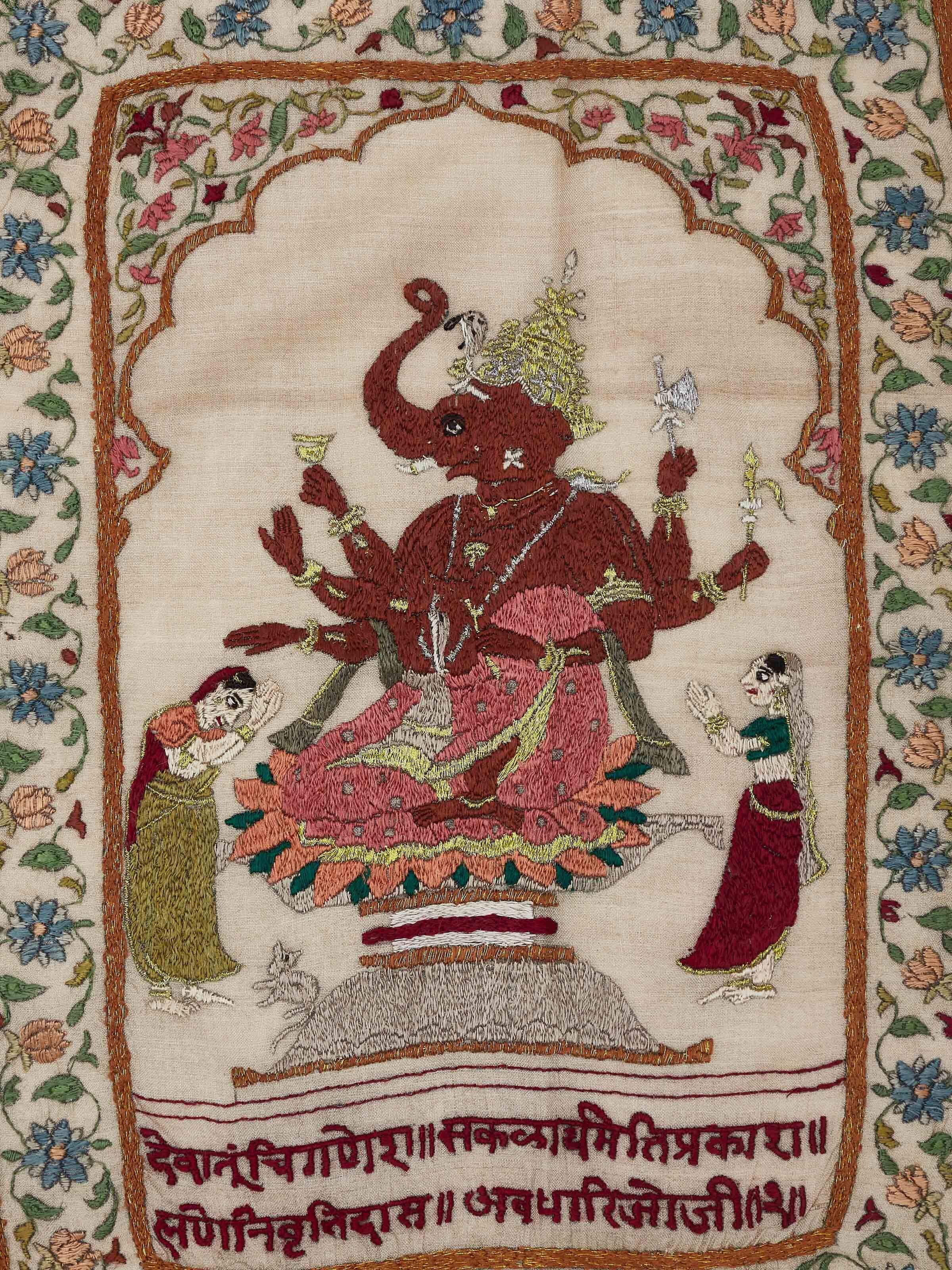 Detailed view of Chamba Rumal Ekdanta wall art emphasizing the intricate embroidery and the use of vibrant colors.