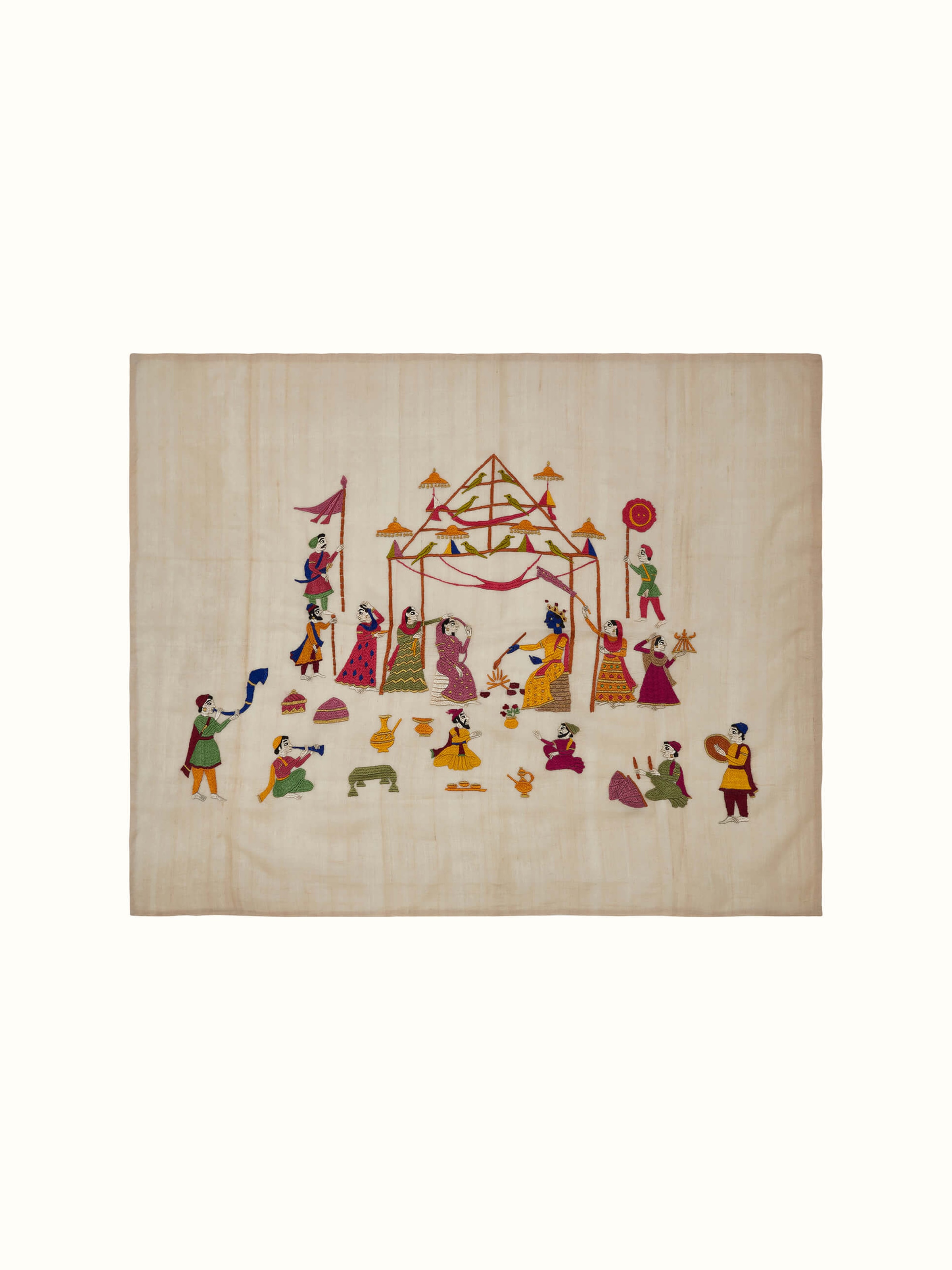 Front view of Chamba rumal vidhi wall art featuring traditional embroidery and vibrant colors.