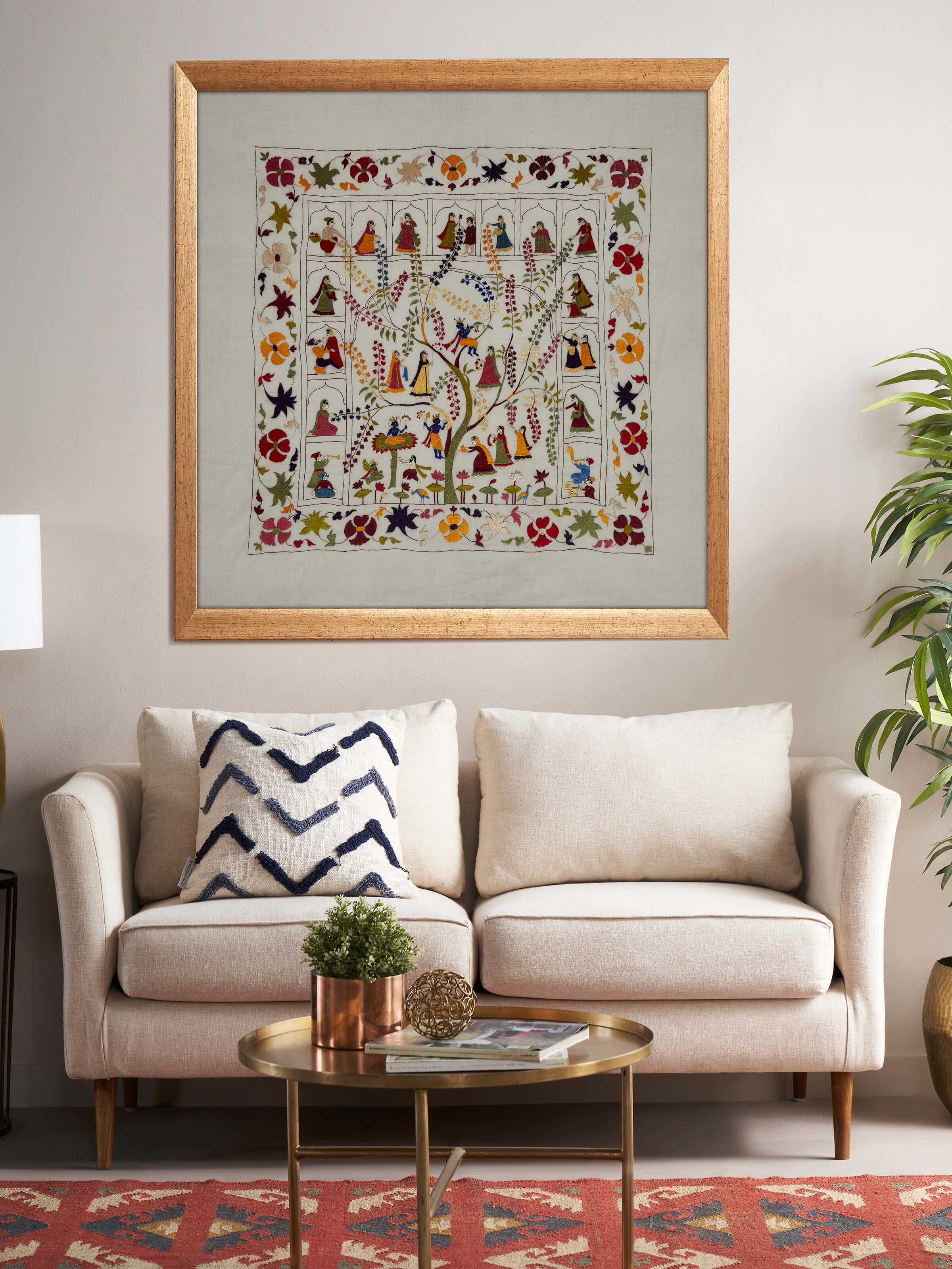 Side view of Chamba Rumal Wall Art highlighting the detailed embroidery and traditional craftsmanship.