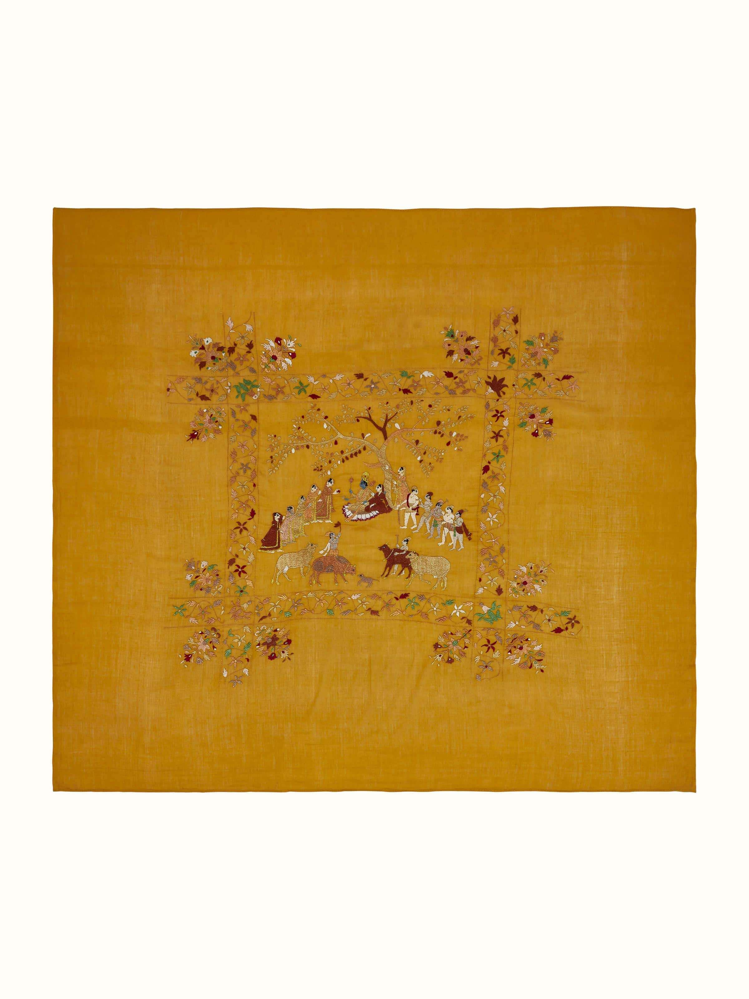 Front view of Chamba Rumal Samagam Wall Art featuring traditional embroidery patterns